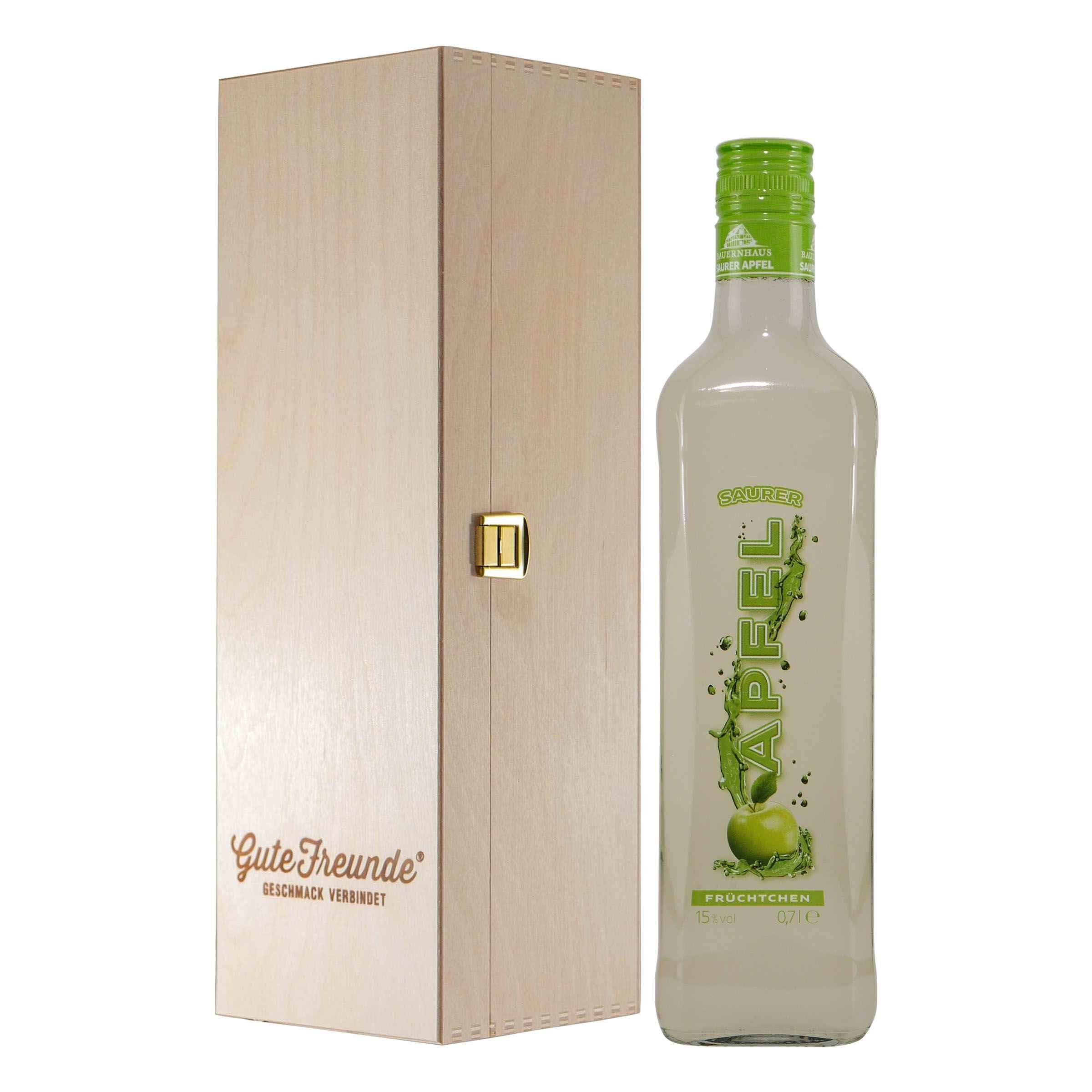 Bauernhaus Saurer Apfel Likör mit Geschenk-Holzkiste