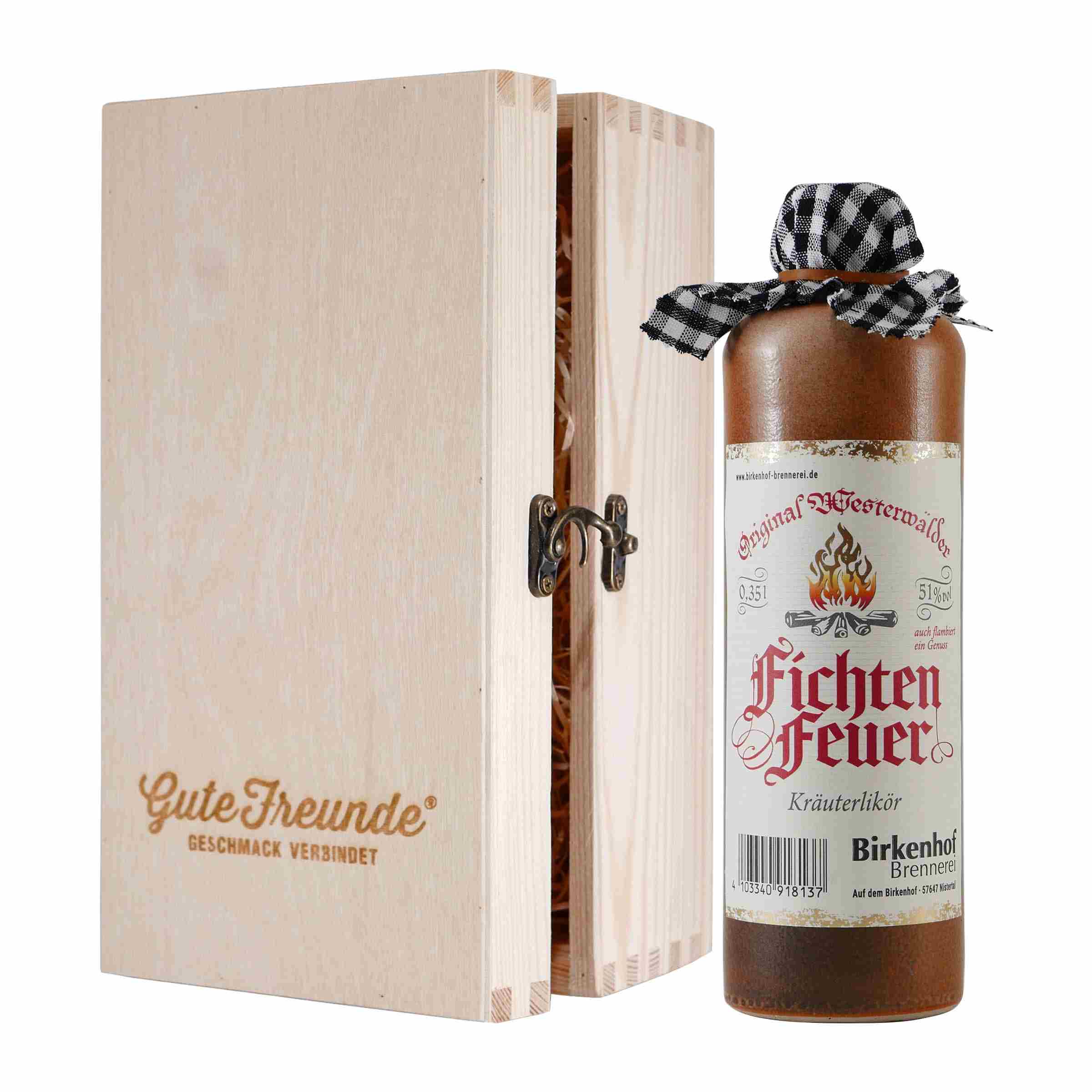 Birkenhof Fichtenfeuer Likör mit Geschenk-Holzkiste