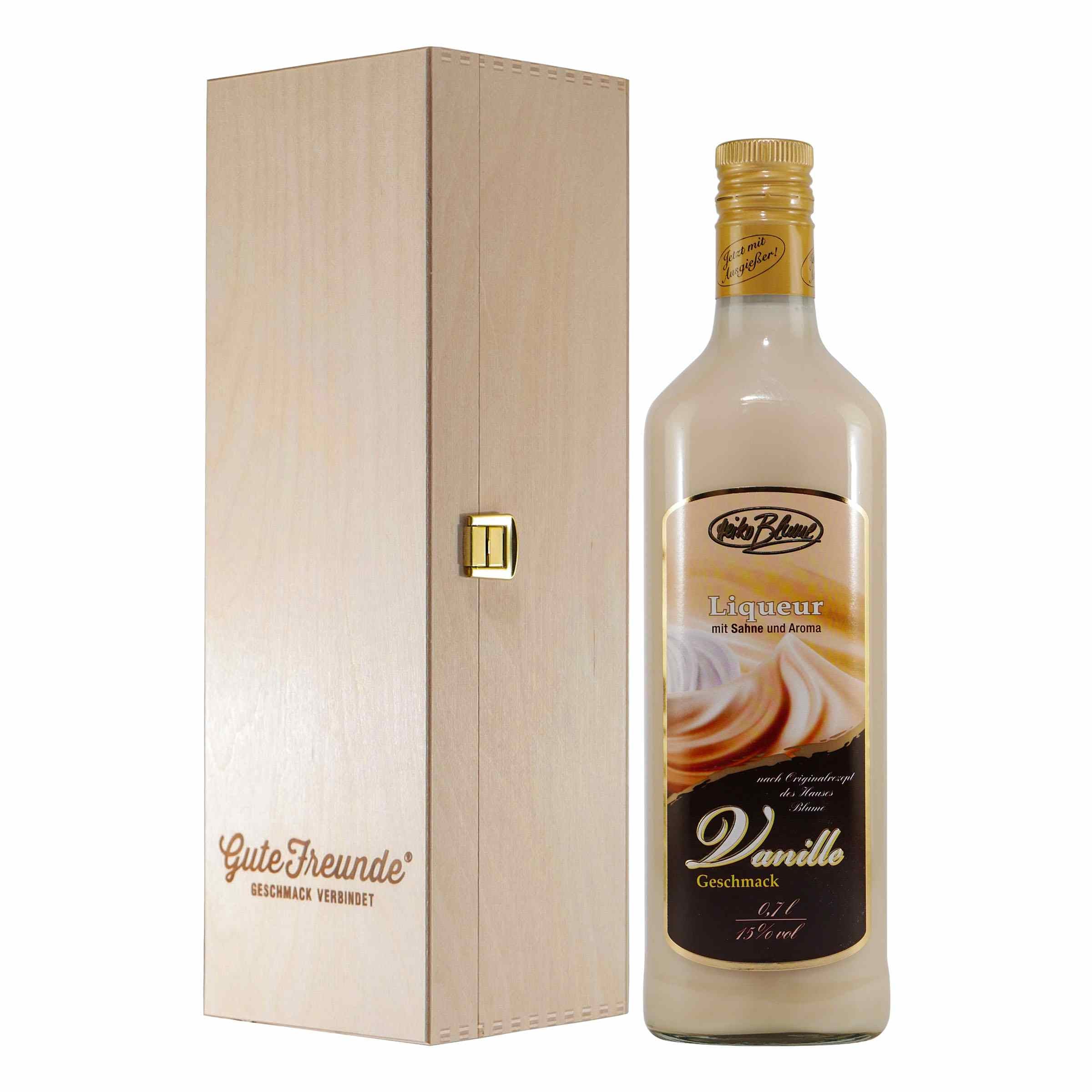 Blume Vanille Liqueur mit Geschenk-Holzkiste