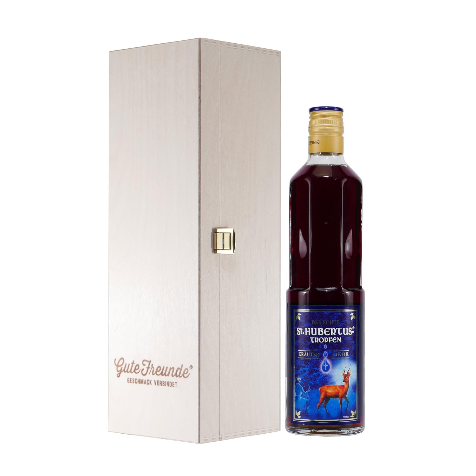 St. Hubertus Tropfen - Kräuter Likör mit Geschenk-Holzkiste