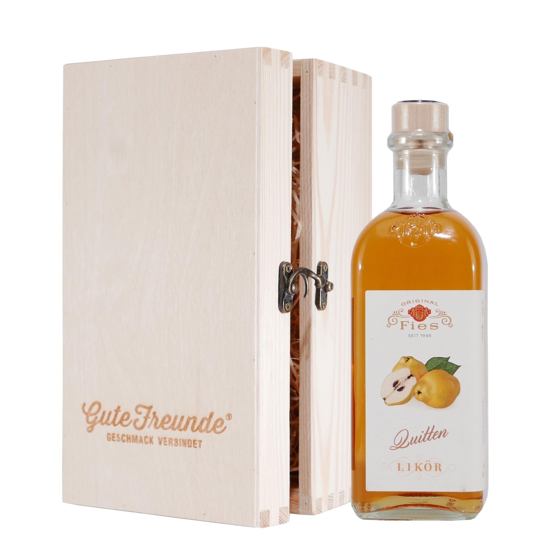 Fies Quitten Likör mit Geschenk-Holzkiste