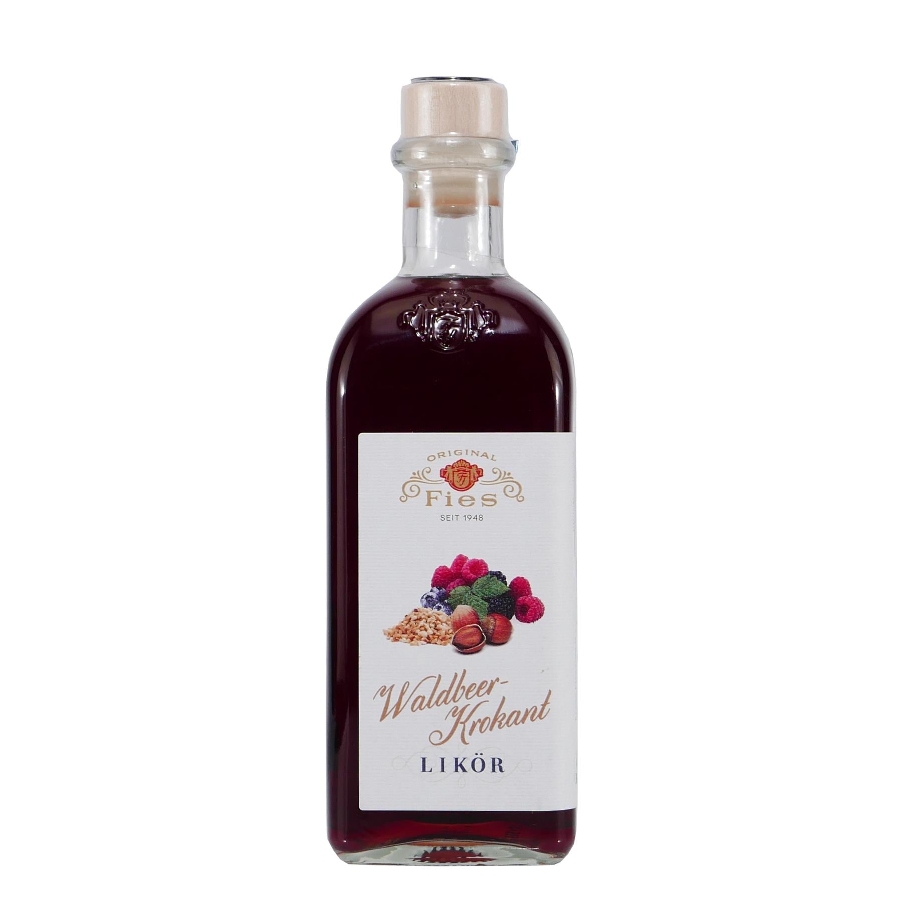 Fies Waldbeer-Krokant Likör mit Geschenk-Holzkiste