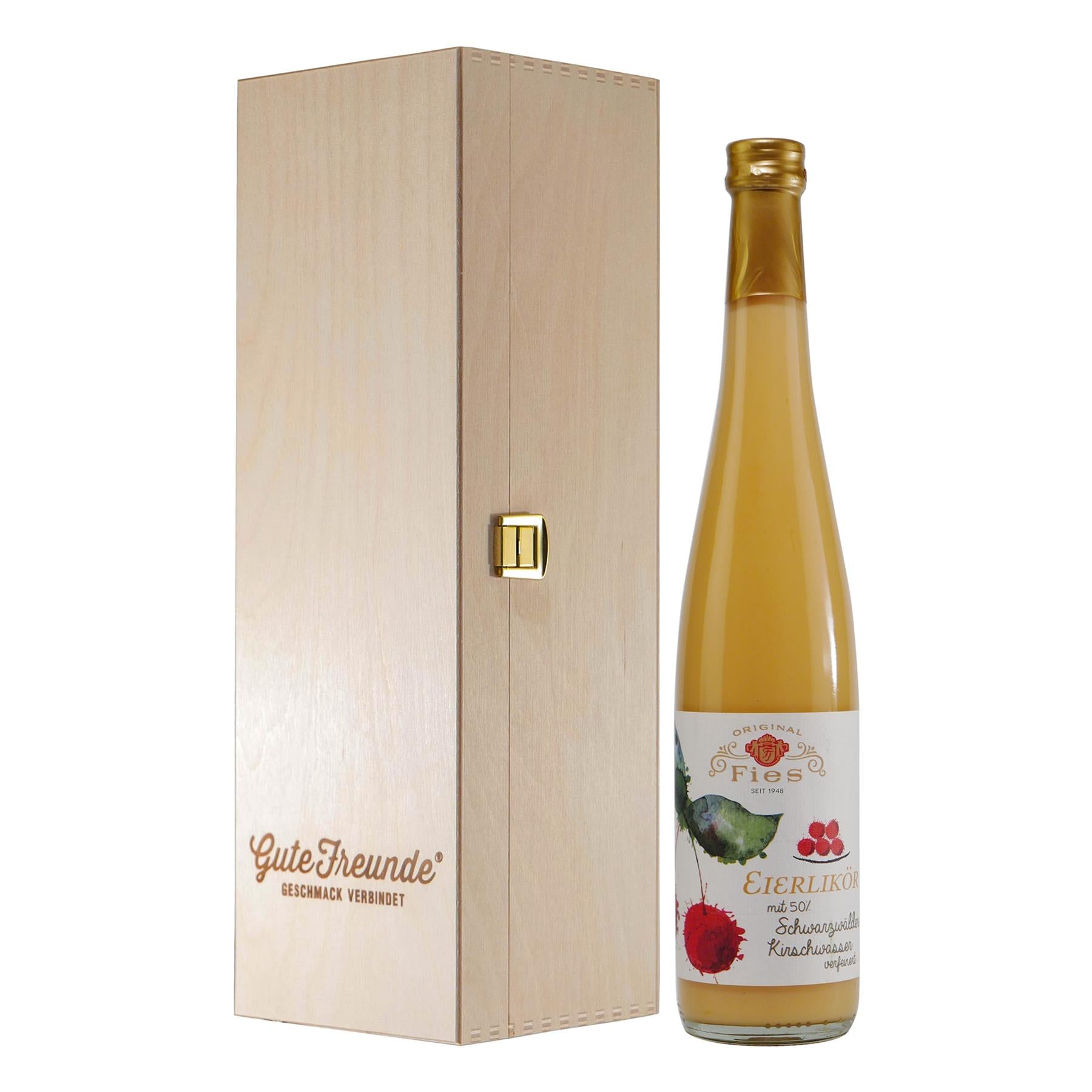 Fies Eierlikör mit Kirschwasser und Geschenk-Holzkiste