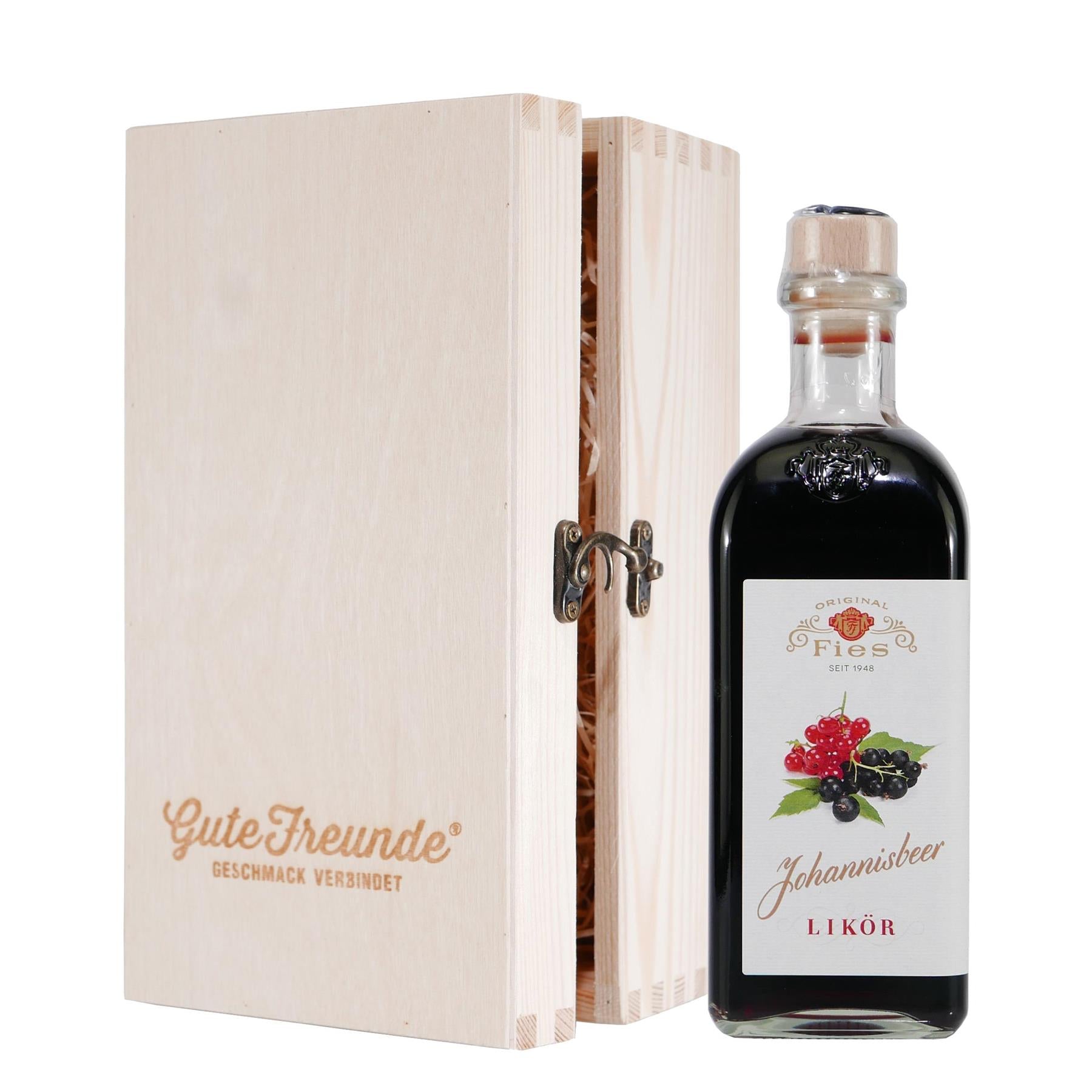 Fies Johannisbeer Likör mit Geschenk-Holzkiste