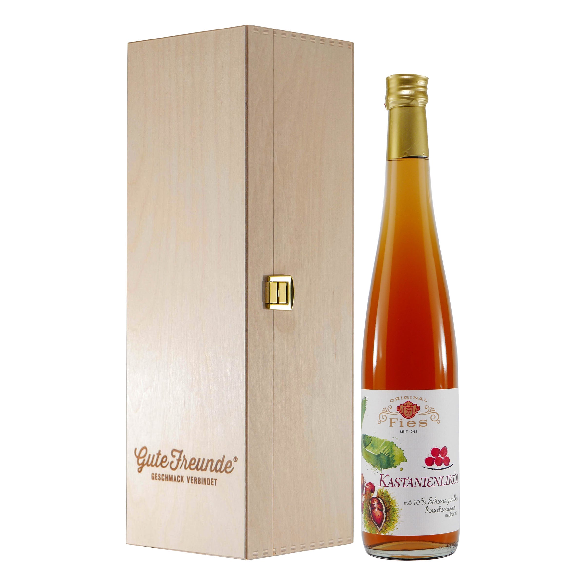 Fies Kastanien-Likör mit Geschenk-Holzkiste