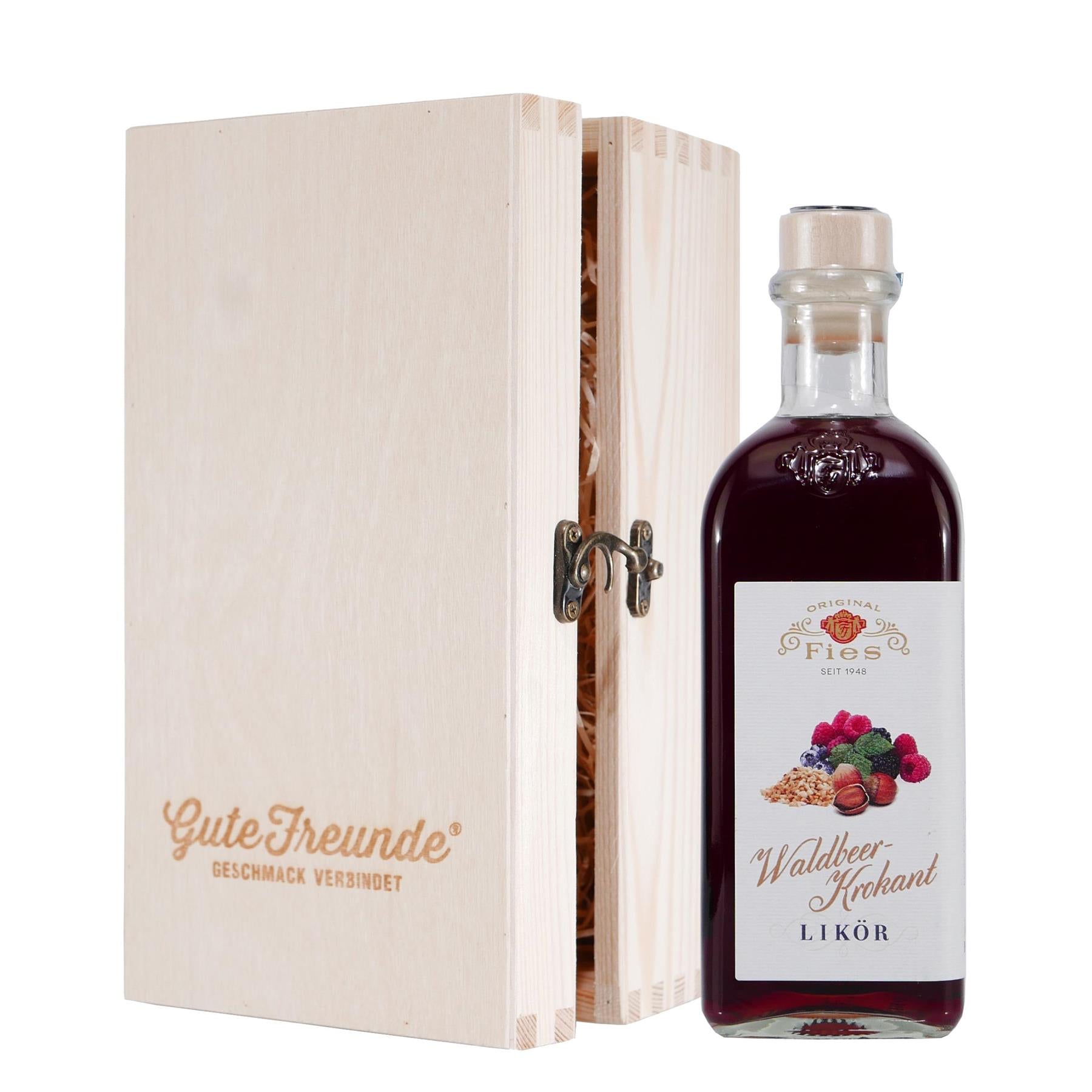 Fies Waldbeer-Krokant Likör mit Geschenk-Holzkiste