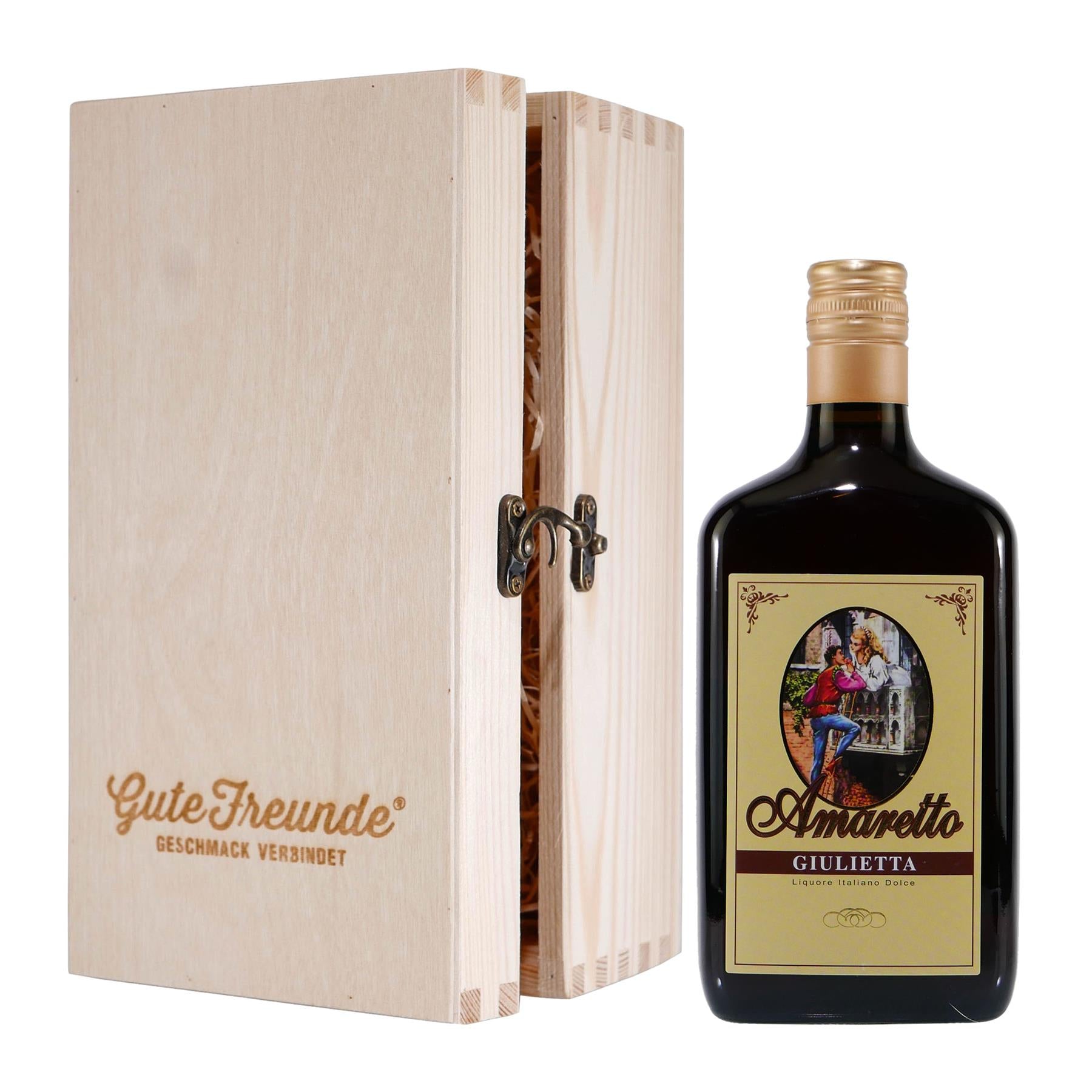 Giulietta Amaretto Likör mit Geschenk-Holzkiste