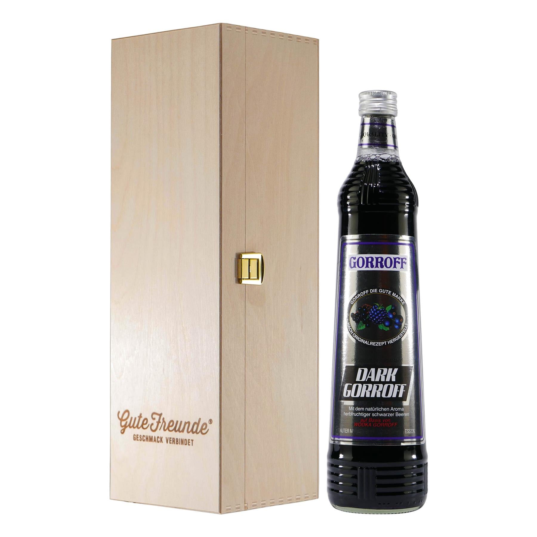 Gorroff Dark Likör und Wodka mit Geschenk-Holzkiste