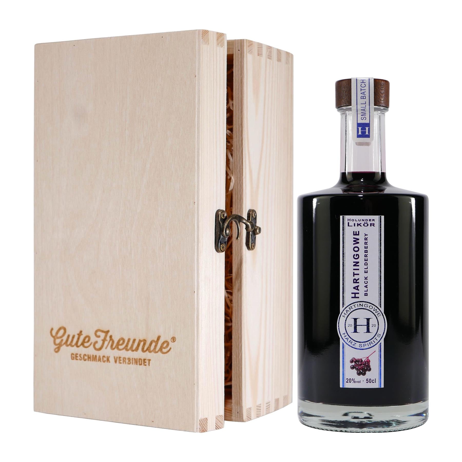 Hartingowe Black Elderberry Likör mit Geschenk-Holzkiste