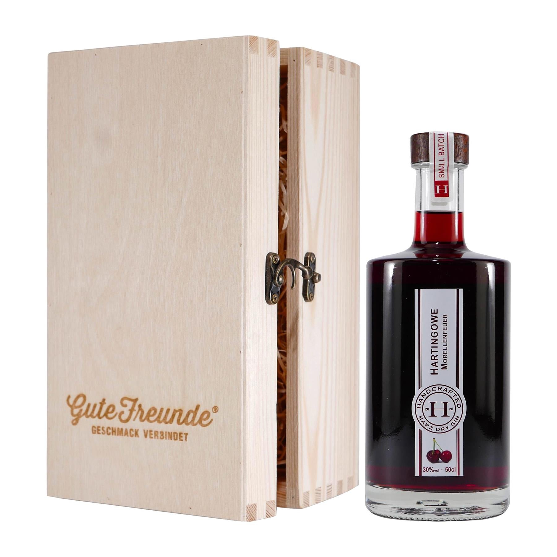 Hartingowe Morellenfeuer Likör mit Geschenk-Holzkiste