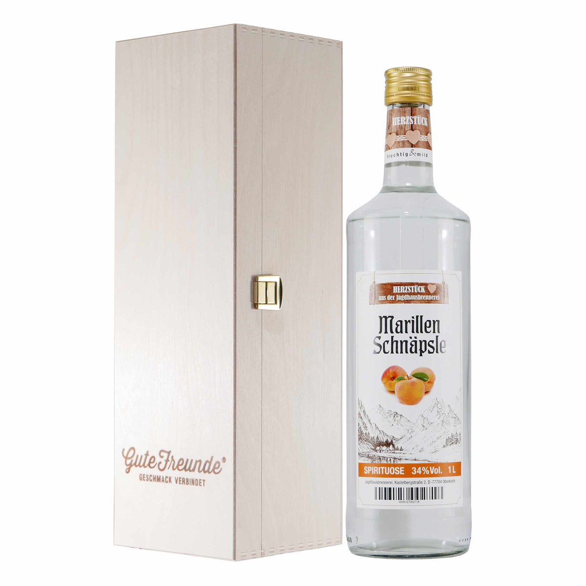 Herzstück Marillenschnäpsle mit Geschenk-Holzkiste