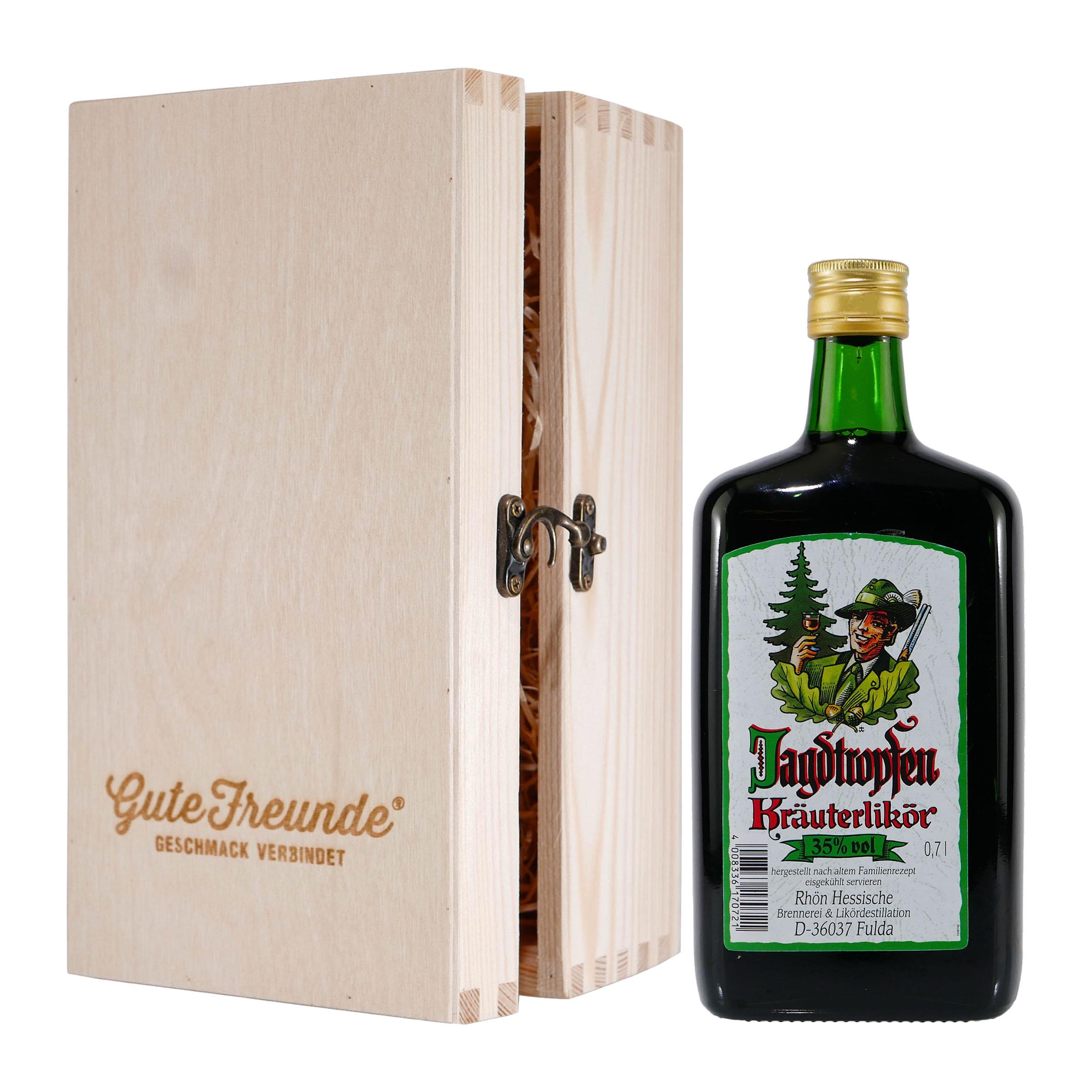 Jagdtropfen Kräuterlikör mit Geschenk-Holzkiste