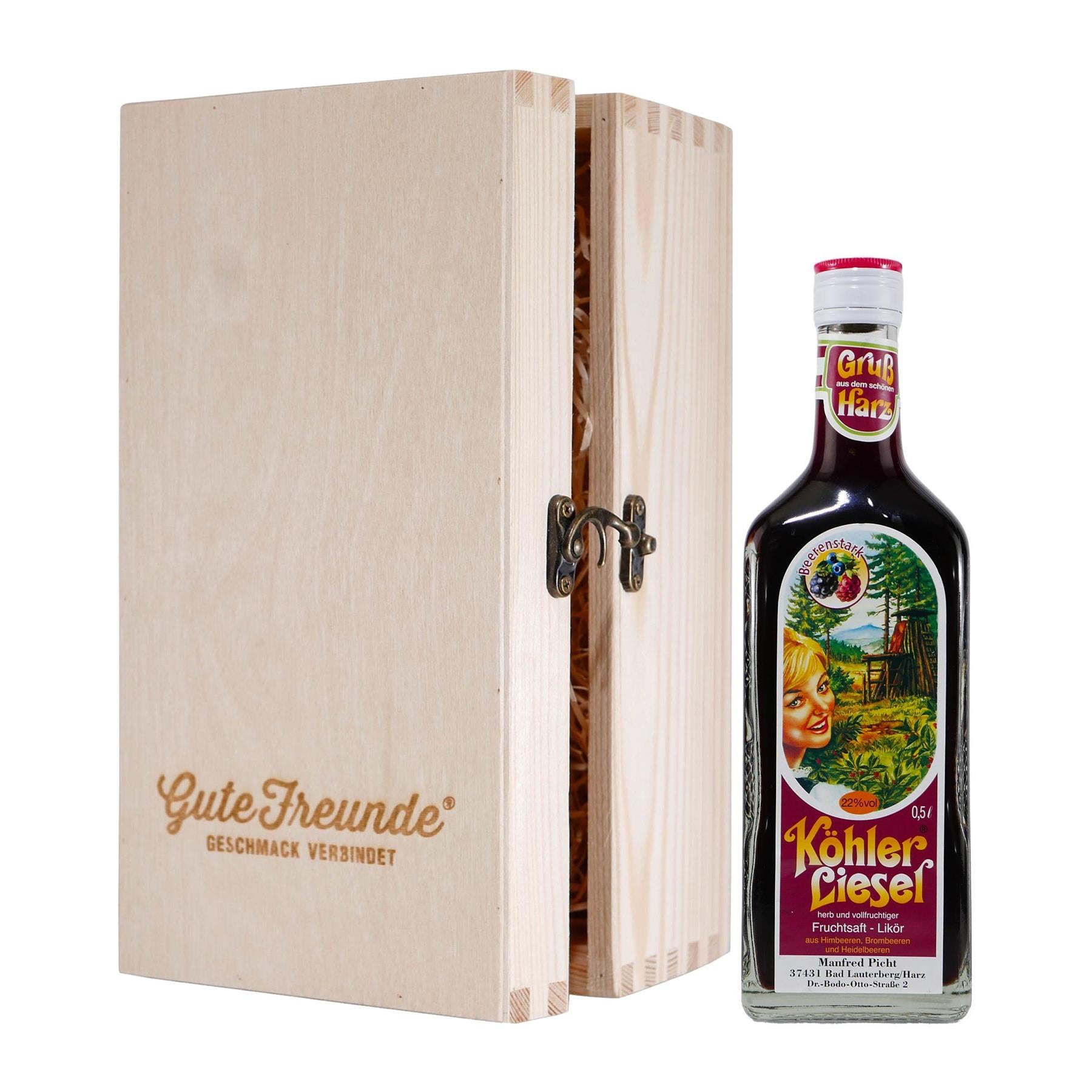 Köhler Liesel Fruchtsaft-Likör mit Geschenk-Holzkiste