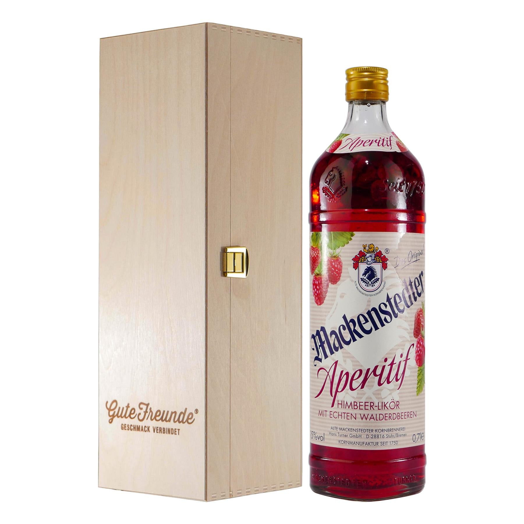 Mackenstedter Aperitif Himbeer-Likör mit Geschenk-Holzkiste