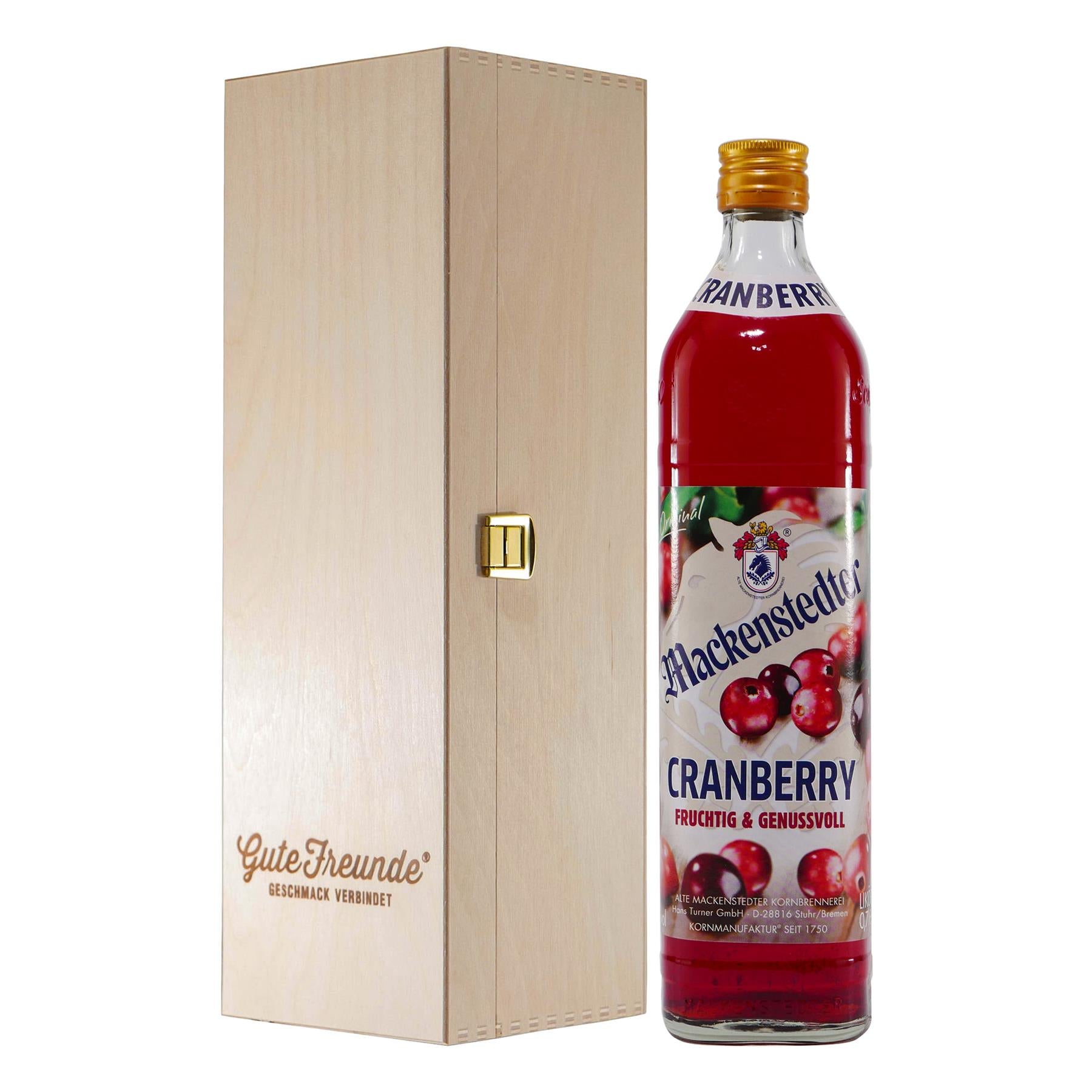 Mackenstedter Cranberry Likör mit Geschenk-Holzkiste