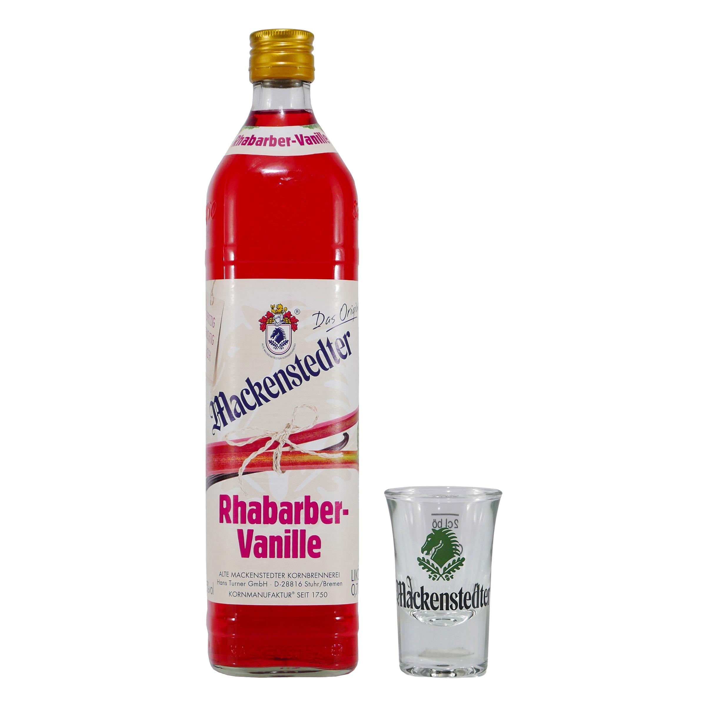 Mackenstedter Rhabarber-Vanille Likör mit 6x Shotgläser