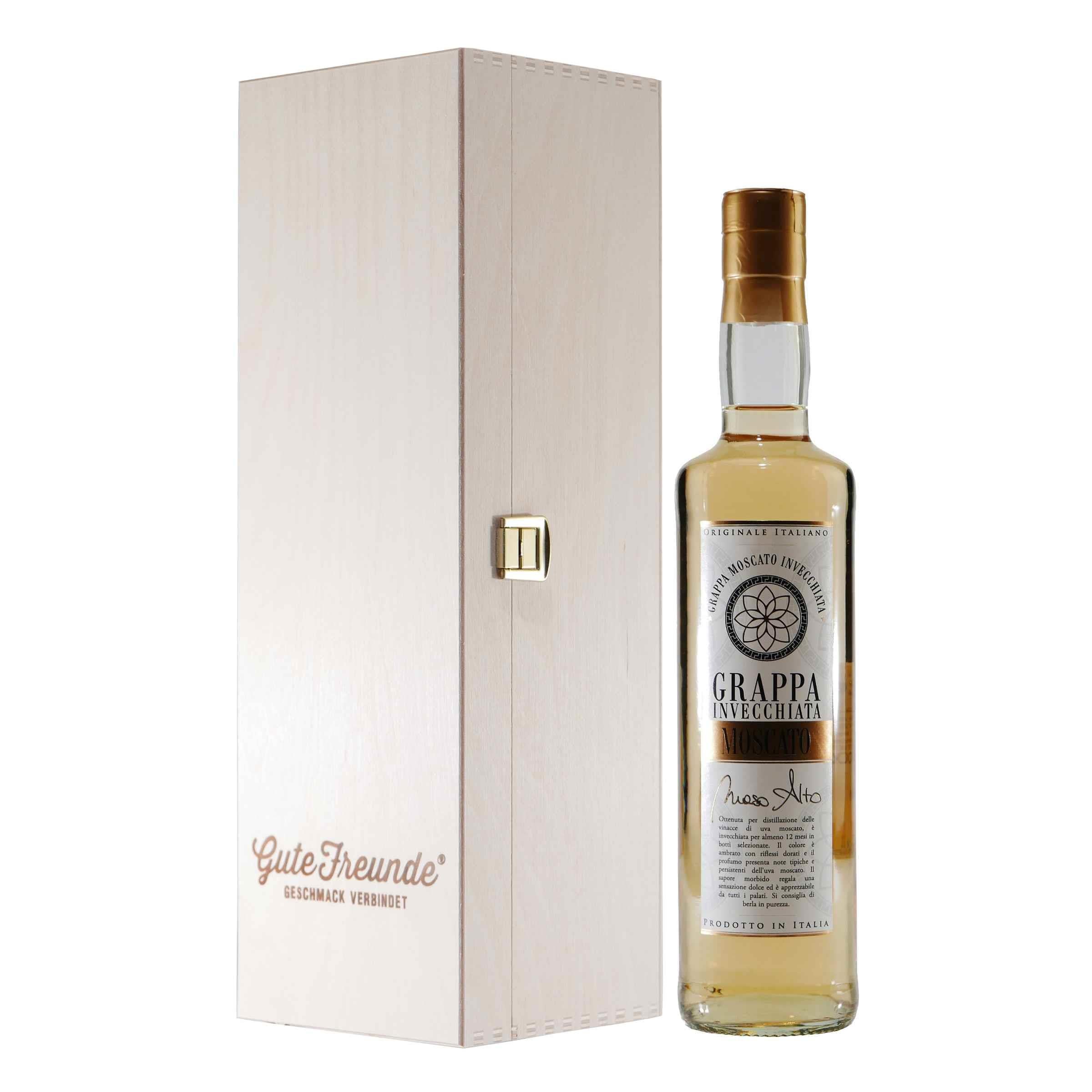 Maso Alto Grappa Moscato Invecchiata mit Geschenk-Holzkiste