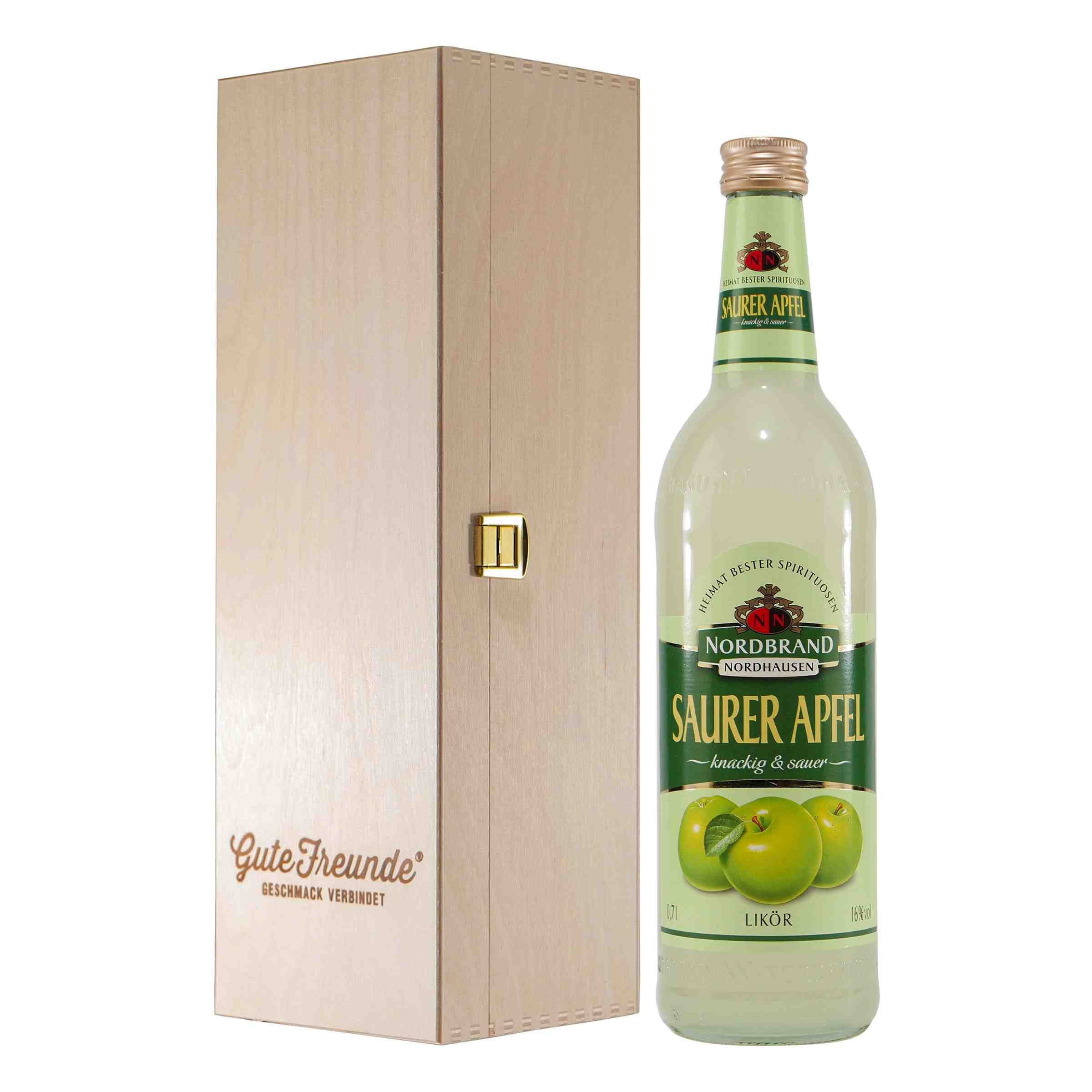 Nordbrand Saurer Apfel Likör mit Geschenk-Holzkiste