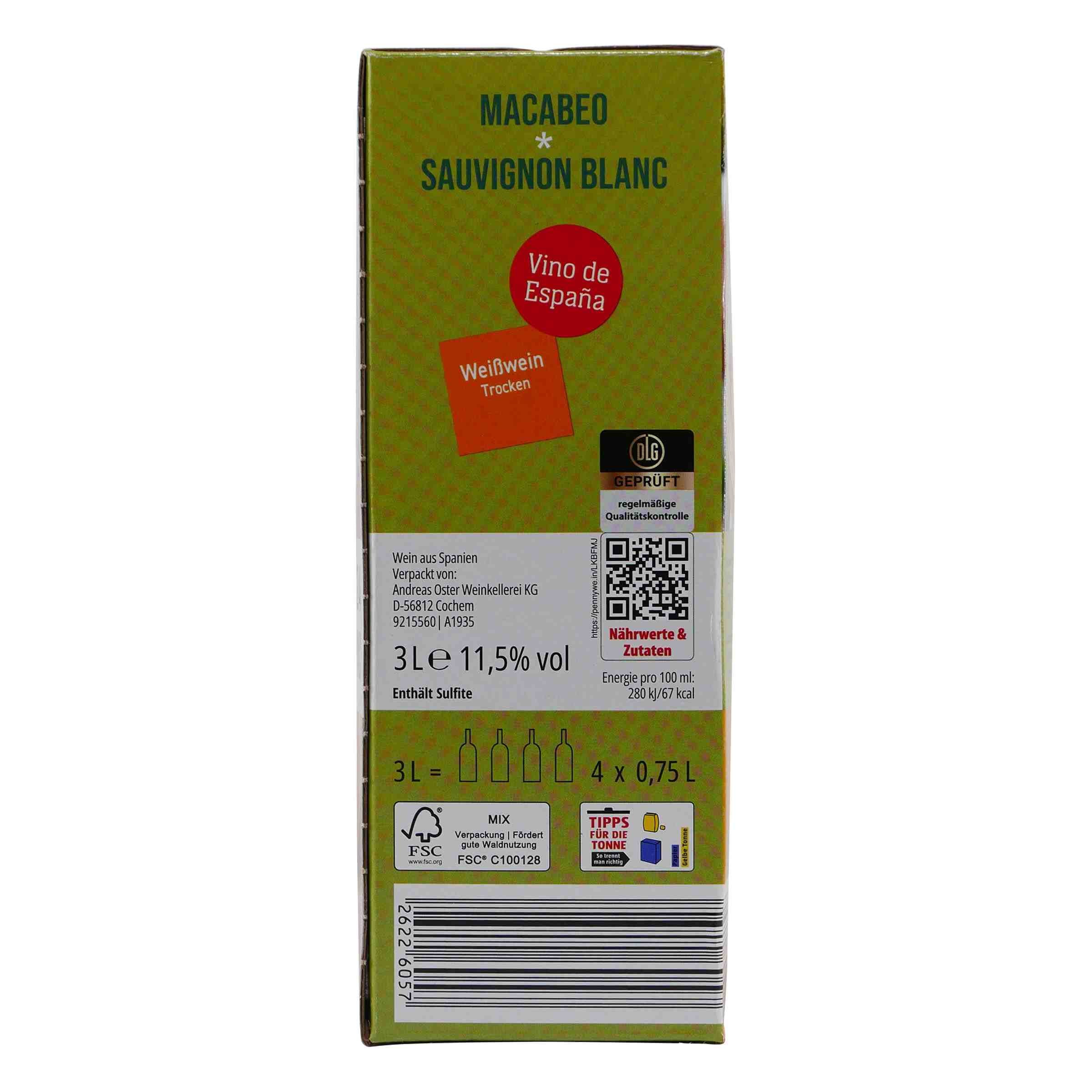 Vino de España Macabeo Sauvignon Blanc BIB 3,0L -trocken-