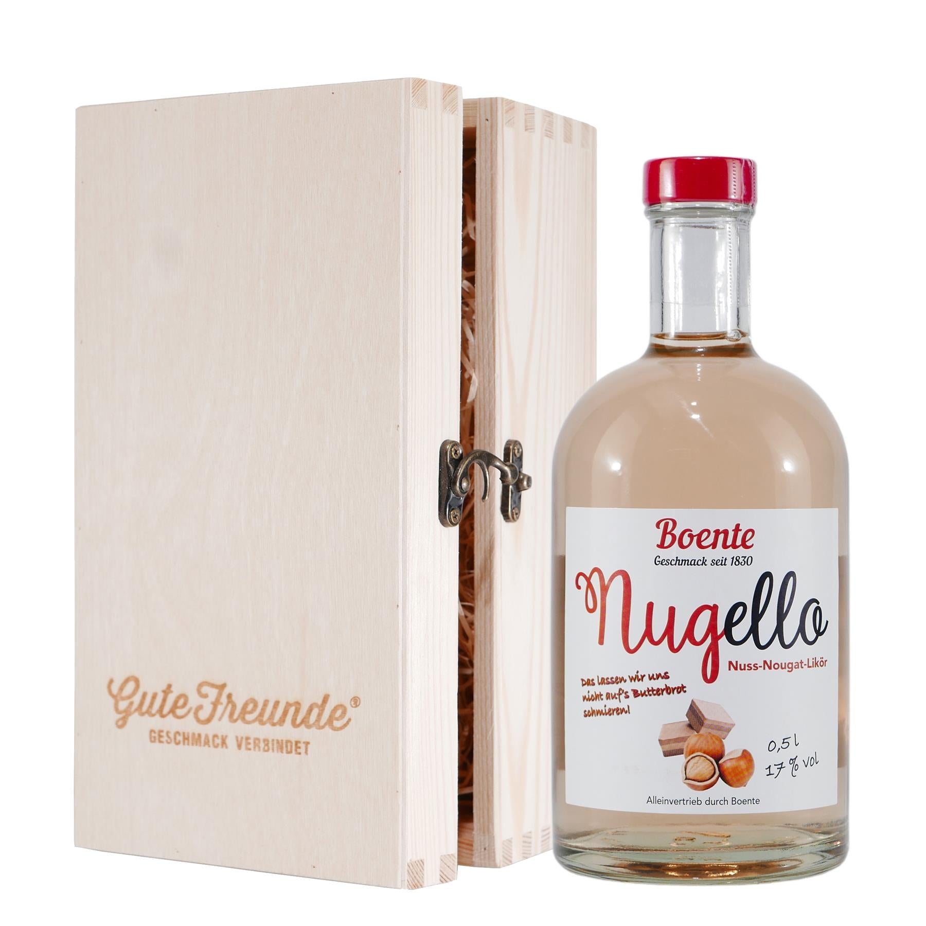 Boente Nugello Nuss-Nougat-Likör mit Geschenk-Holzkiste