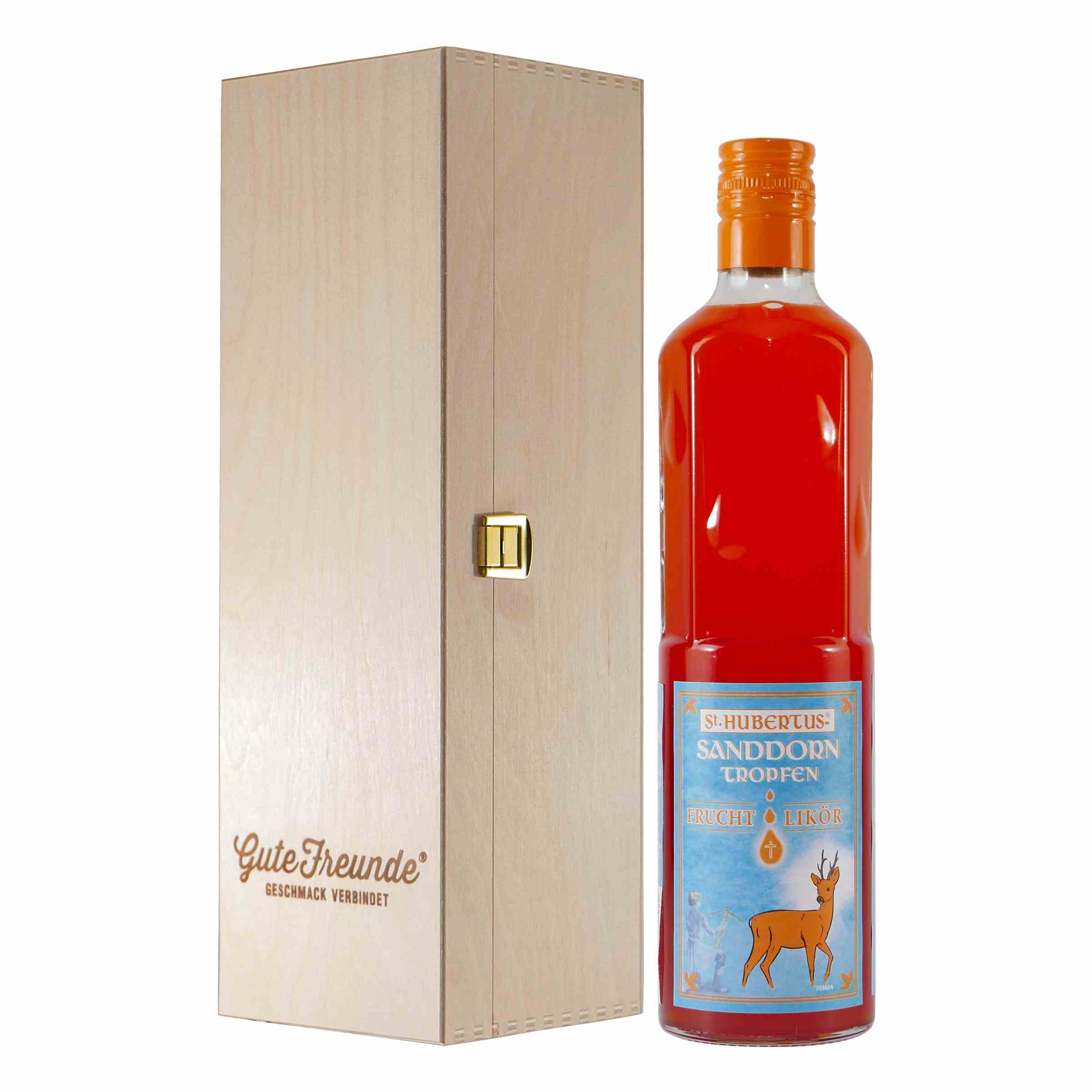 St. Hubertus Sanddorn-Tropfen Likör mit Geschenk-Holzkiste