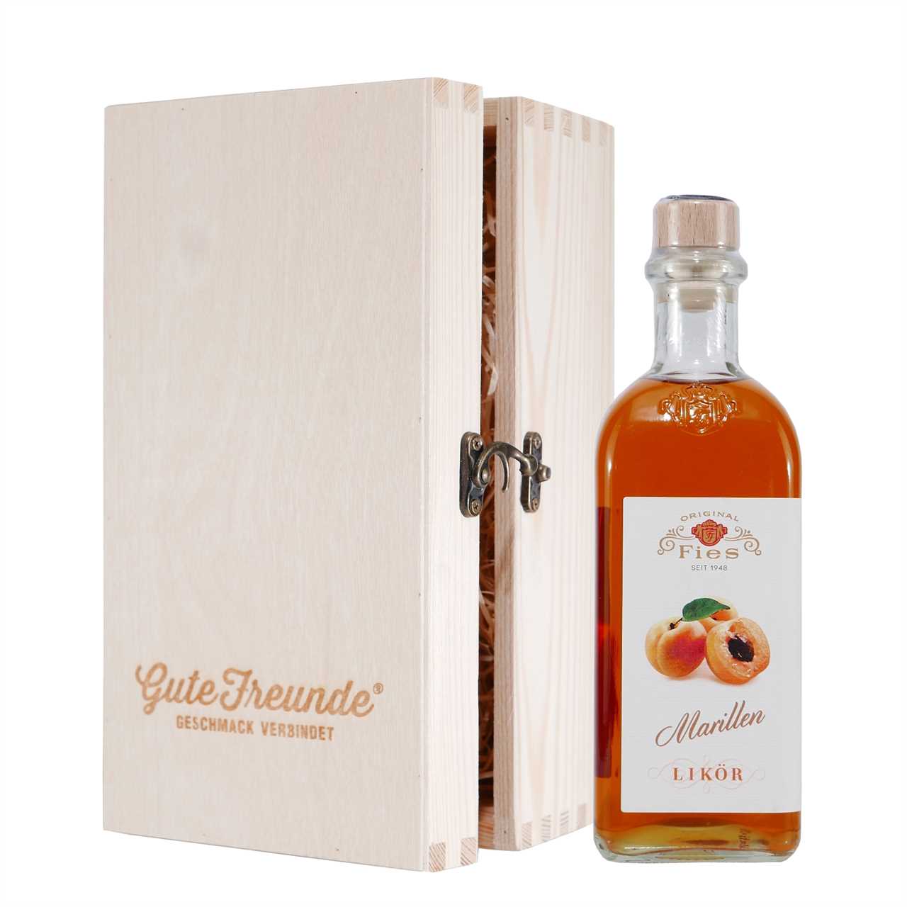 Fies Marillen Likör mit Geschenk-Holzkiste