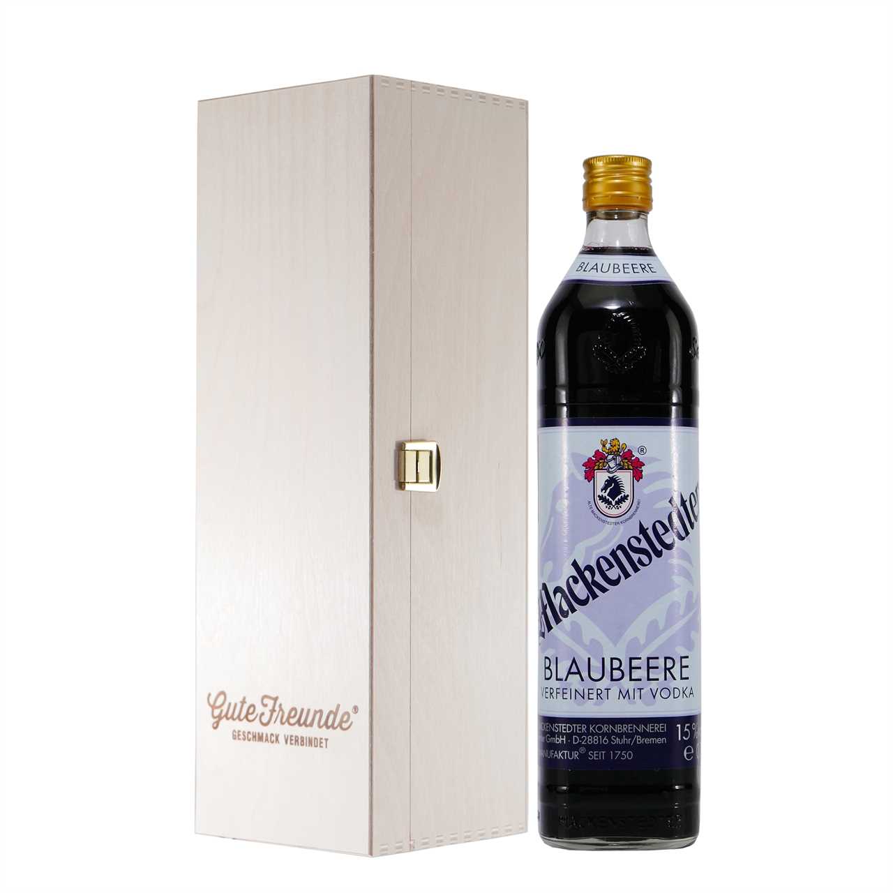 Mackenstedter Blaubeere Likör mit Geschenk-Holzkiste
