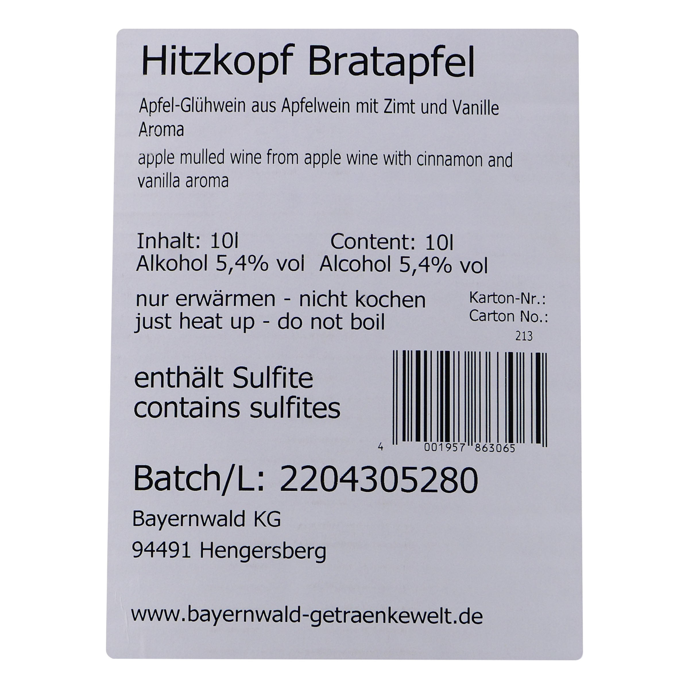 Hitzkopf Bratapfel Glühwein 10L BIB