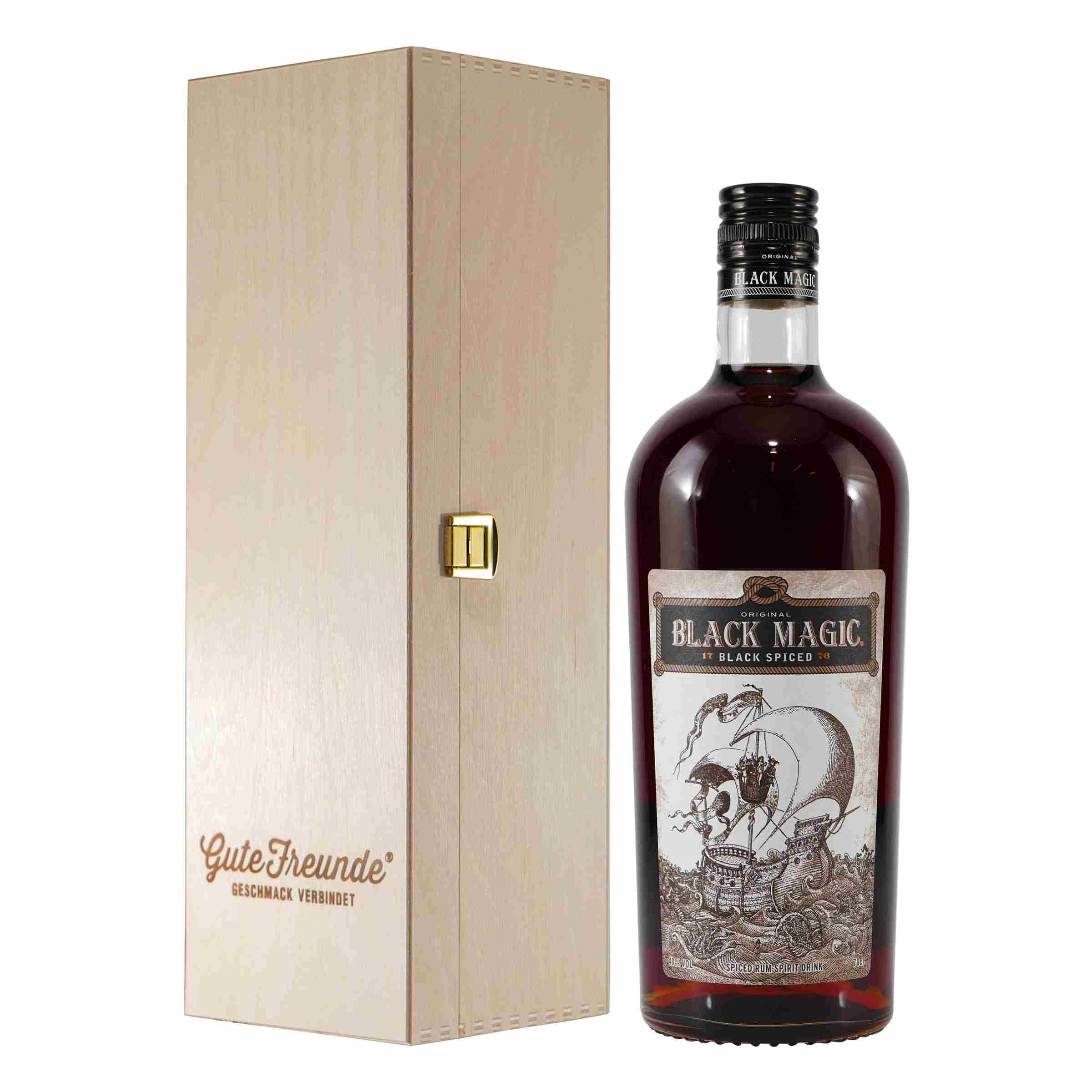 Black Magic Rum Spirit Drink mit Geschenk-Holzkiste