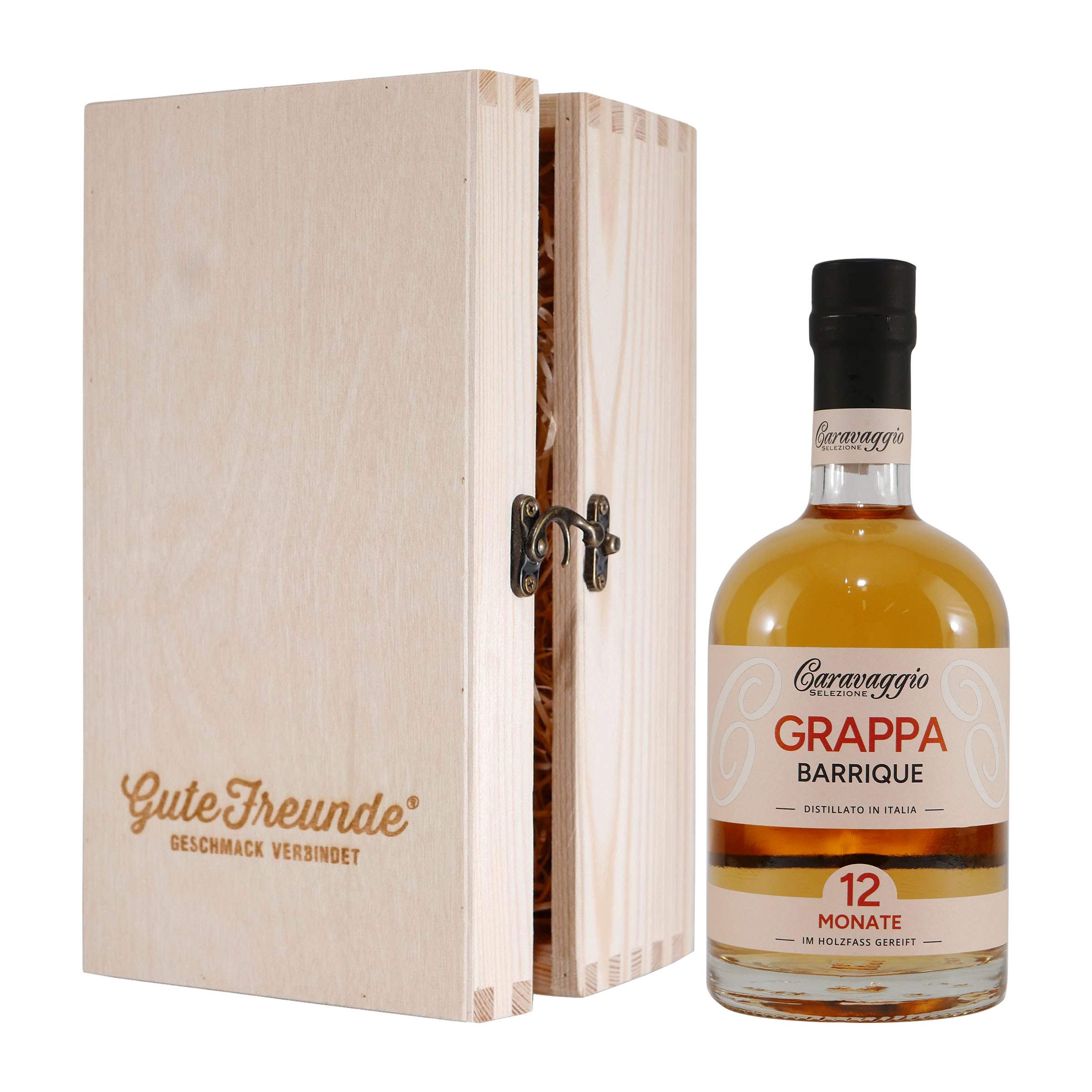 Caravaggio Grappa Barrique mit Geschenk-Holzkiste