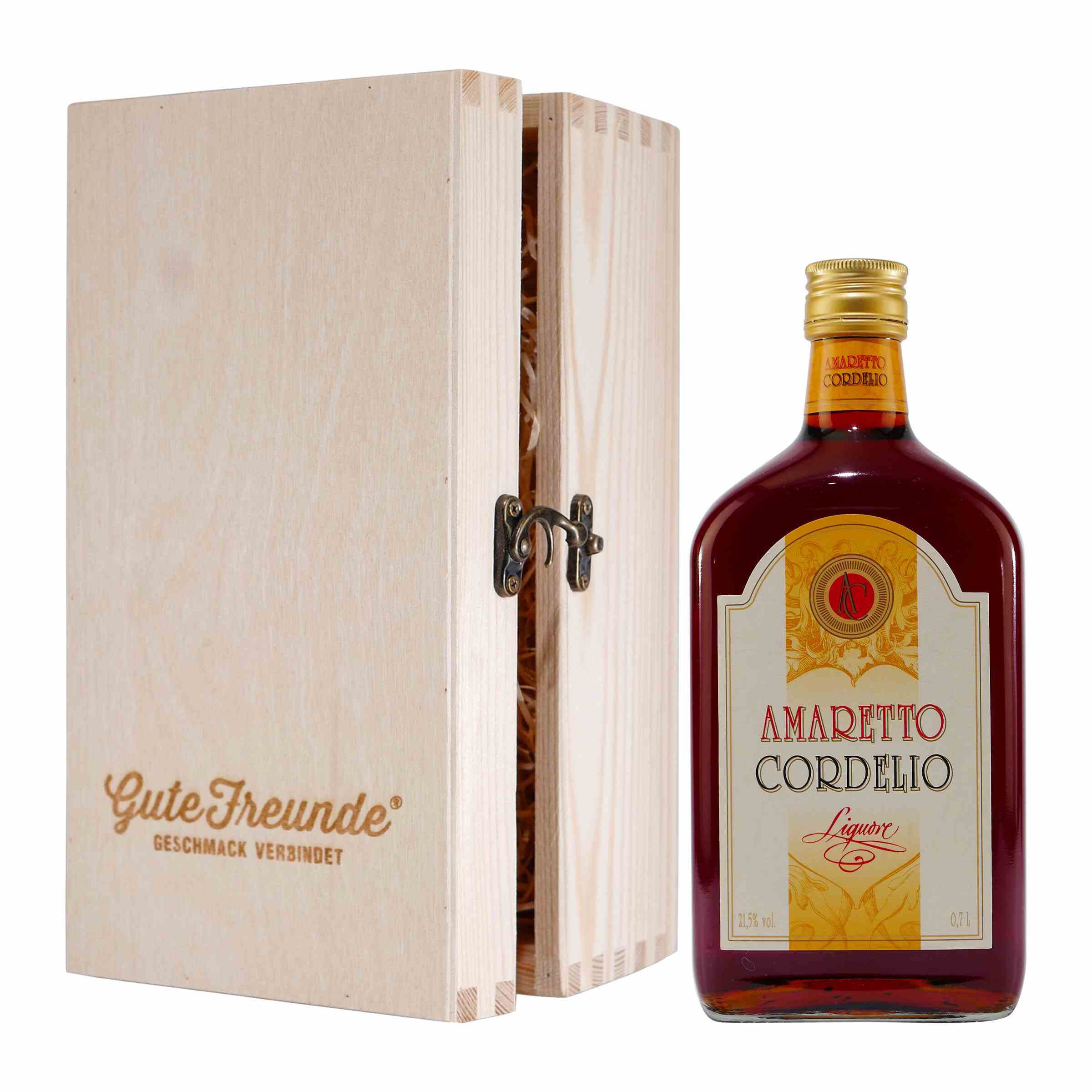 Cordelio Amaretto Liquore mit Geschenk-Holzkiste