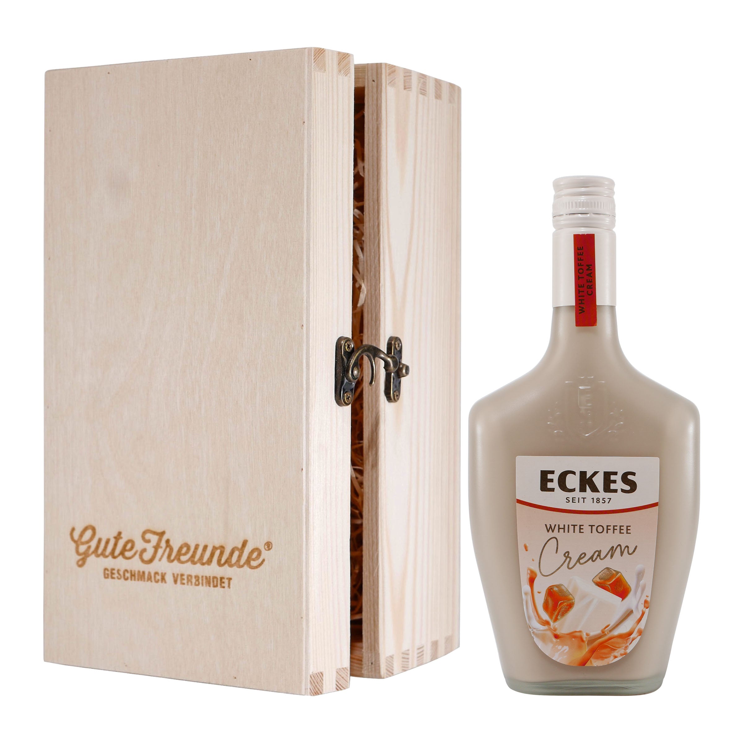 Eckes White Toffee Cream Likör mit Geschenk-Holzkiste