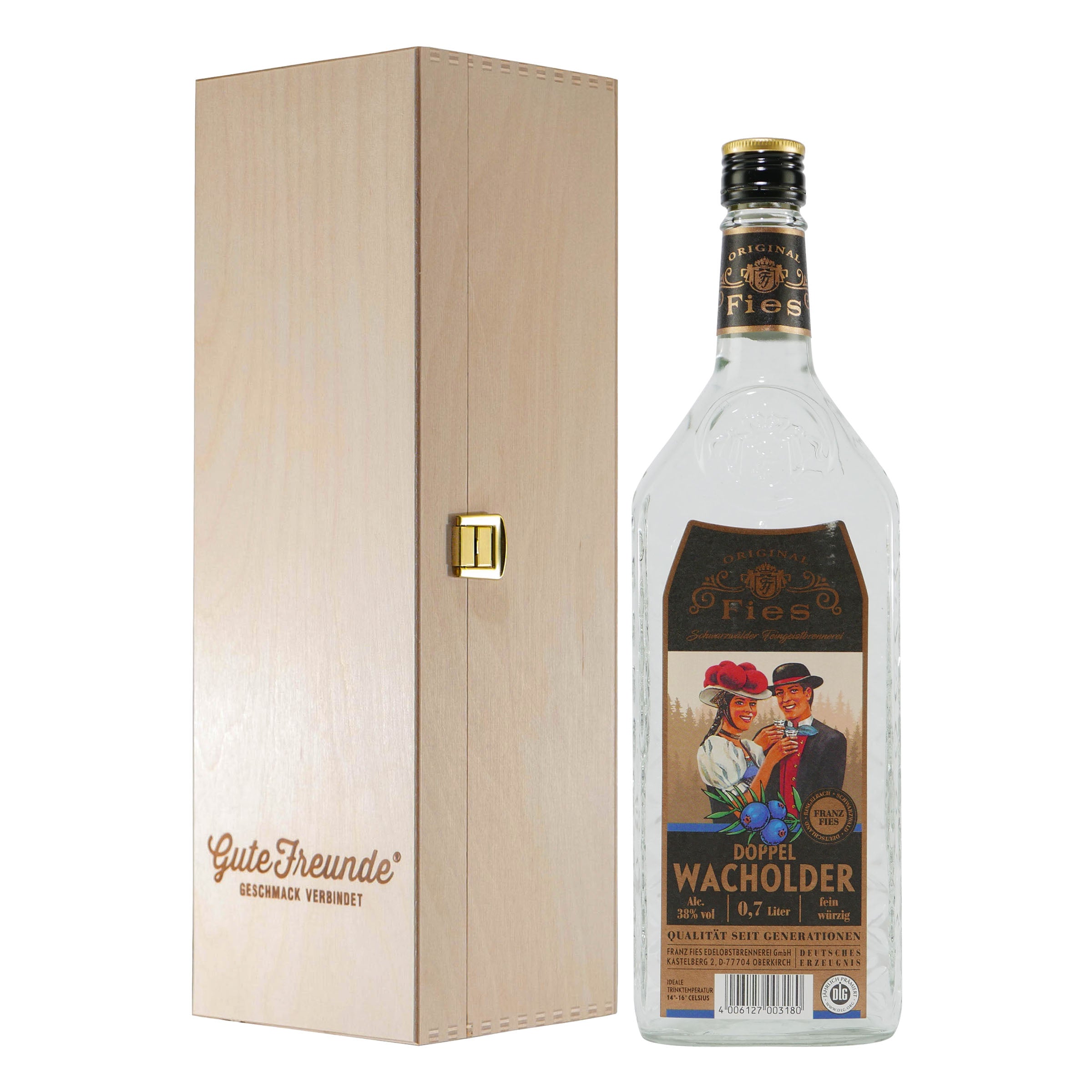 Fies Doppel Wacholder mit Geschenk-Holzkiste