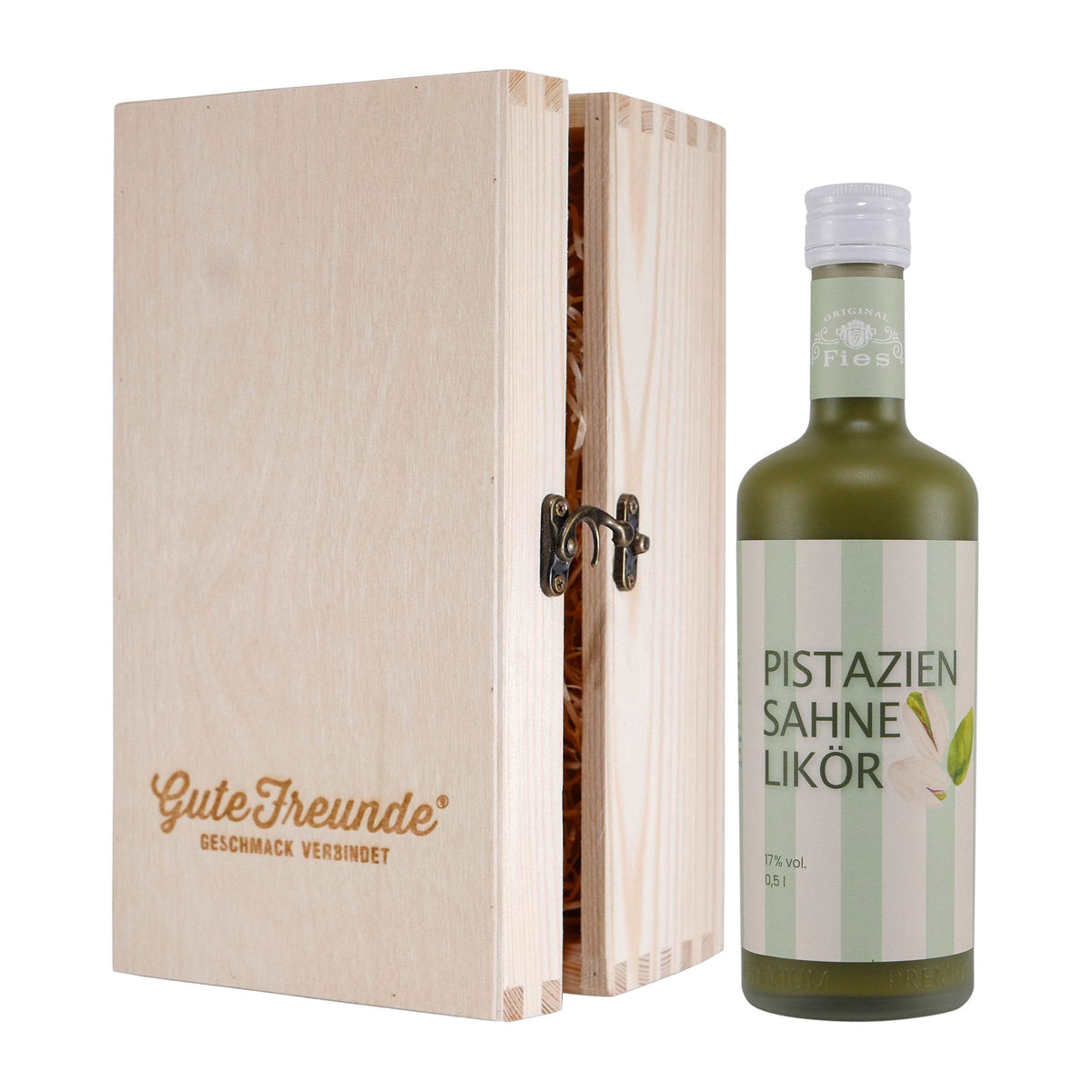Fies Pistazien-Sahne Likör mit Geschenk-Holzkiste