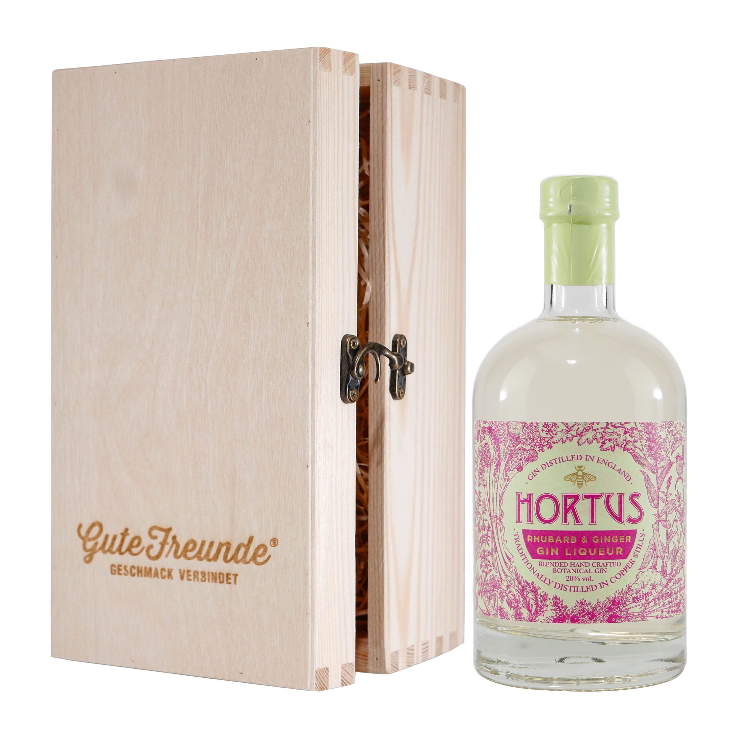 Hortus Rhubarb & Ginger Gin Liqueur mit Geschenk-Holzkiste