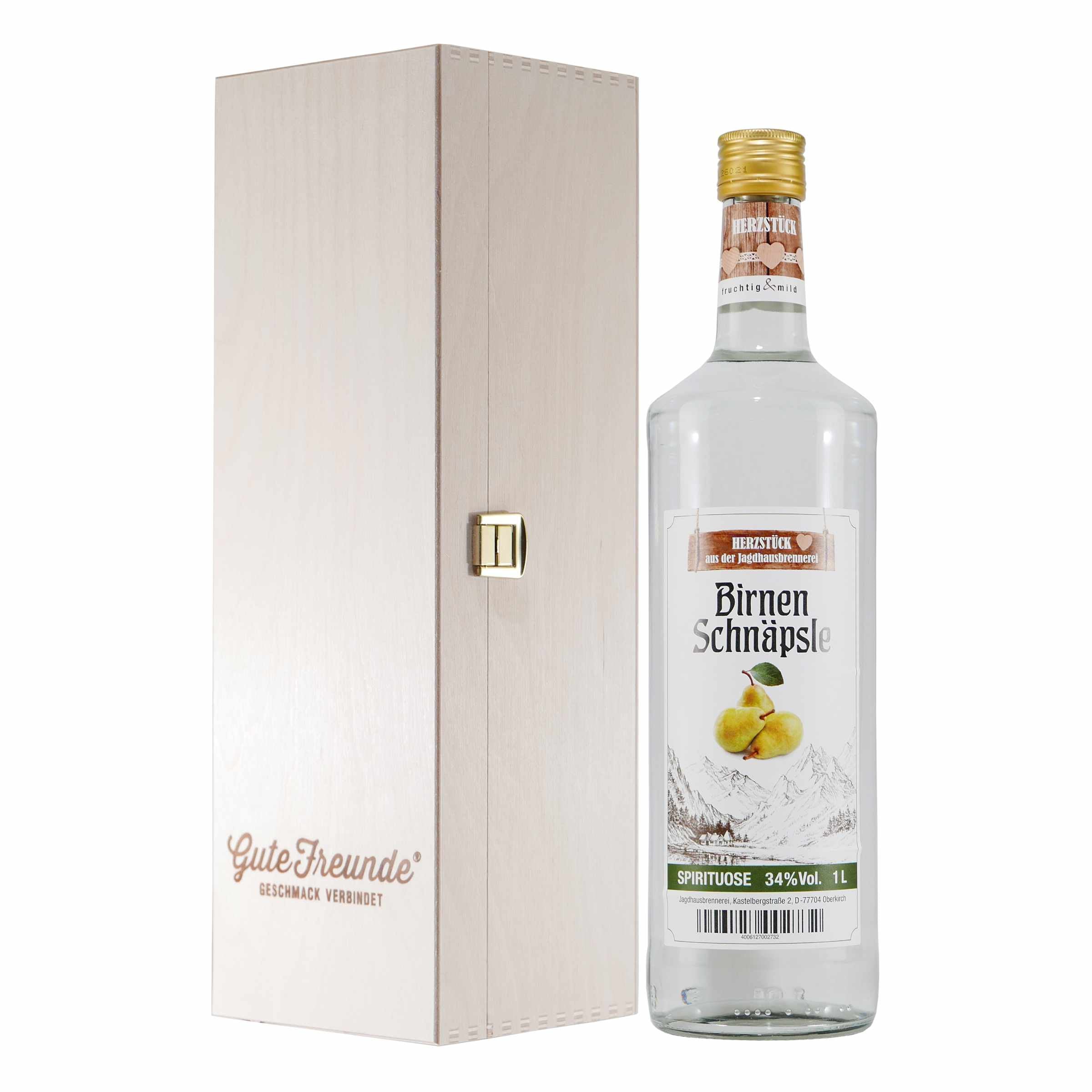 Herzstück Birnenschnäpsle mit Geschenk-Holzkiste