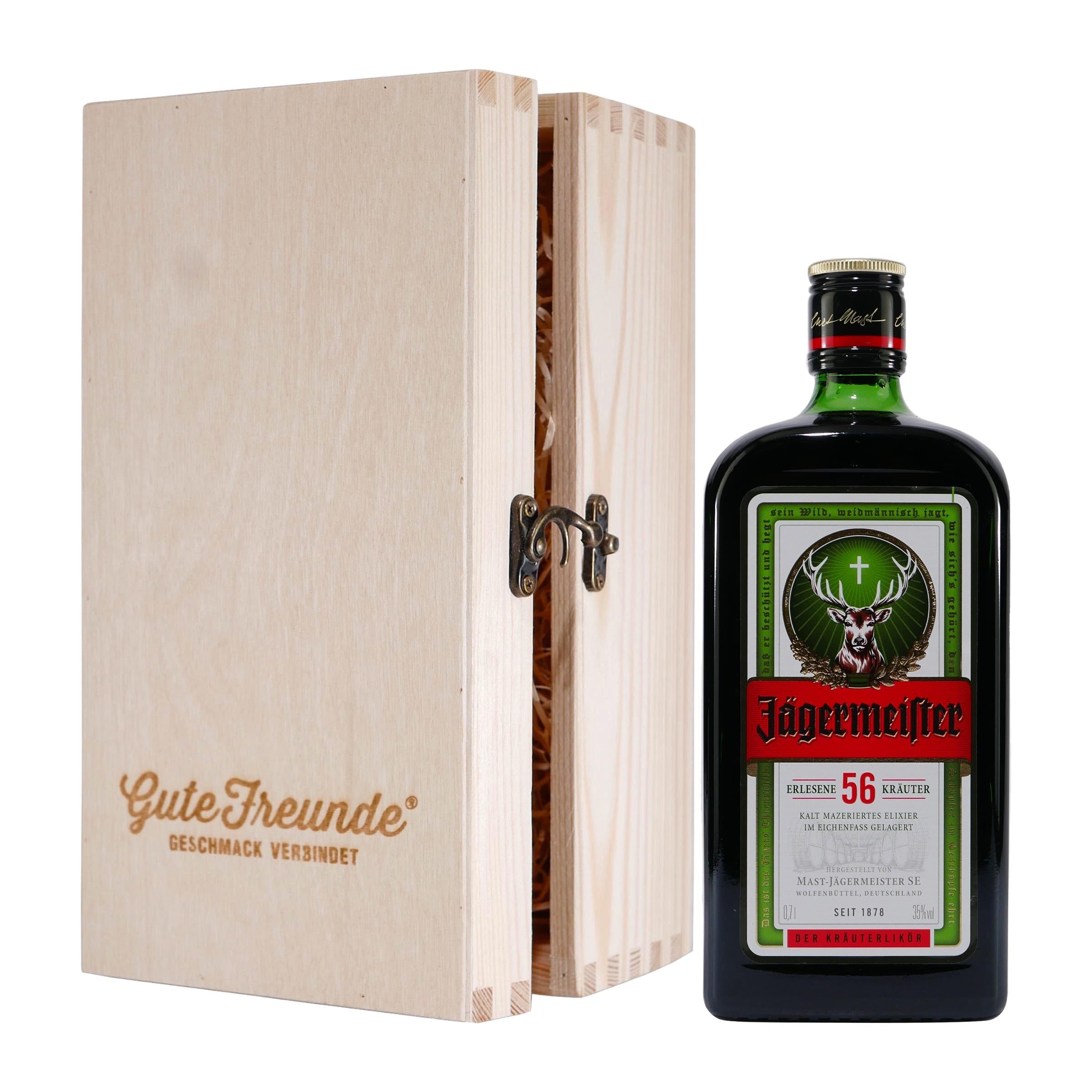 Jägermeister Kräuterlikör mit Geschenk-Holzkiste