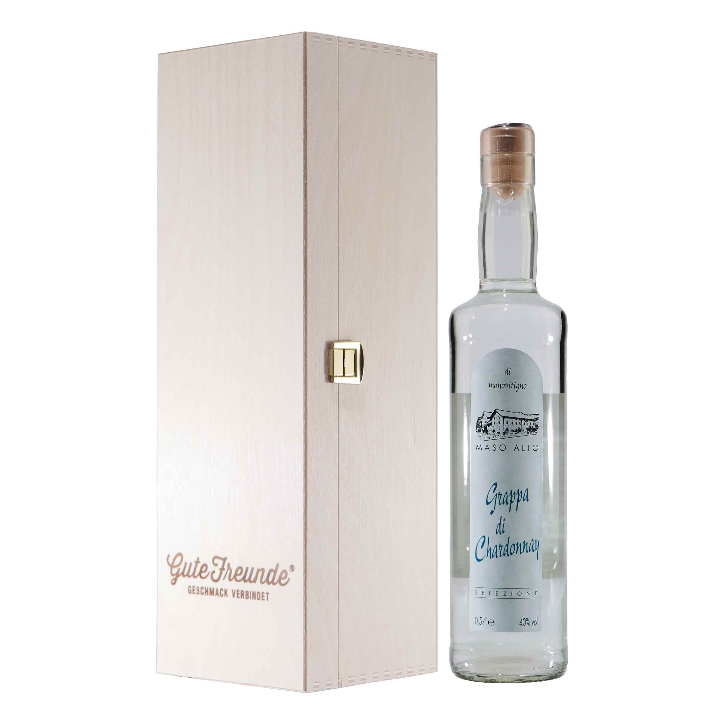 Maso Alto Grappa di Chardonnay mit Geschenk-Holzkiste