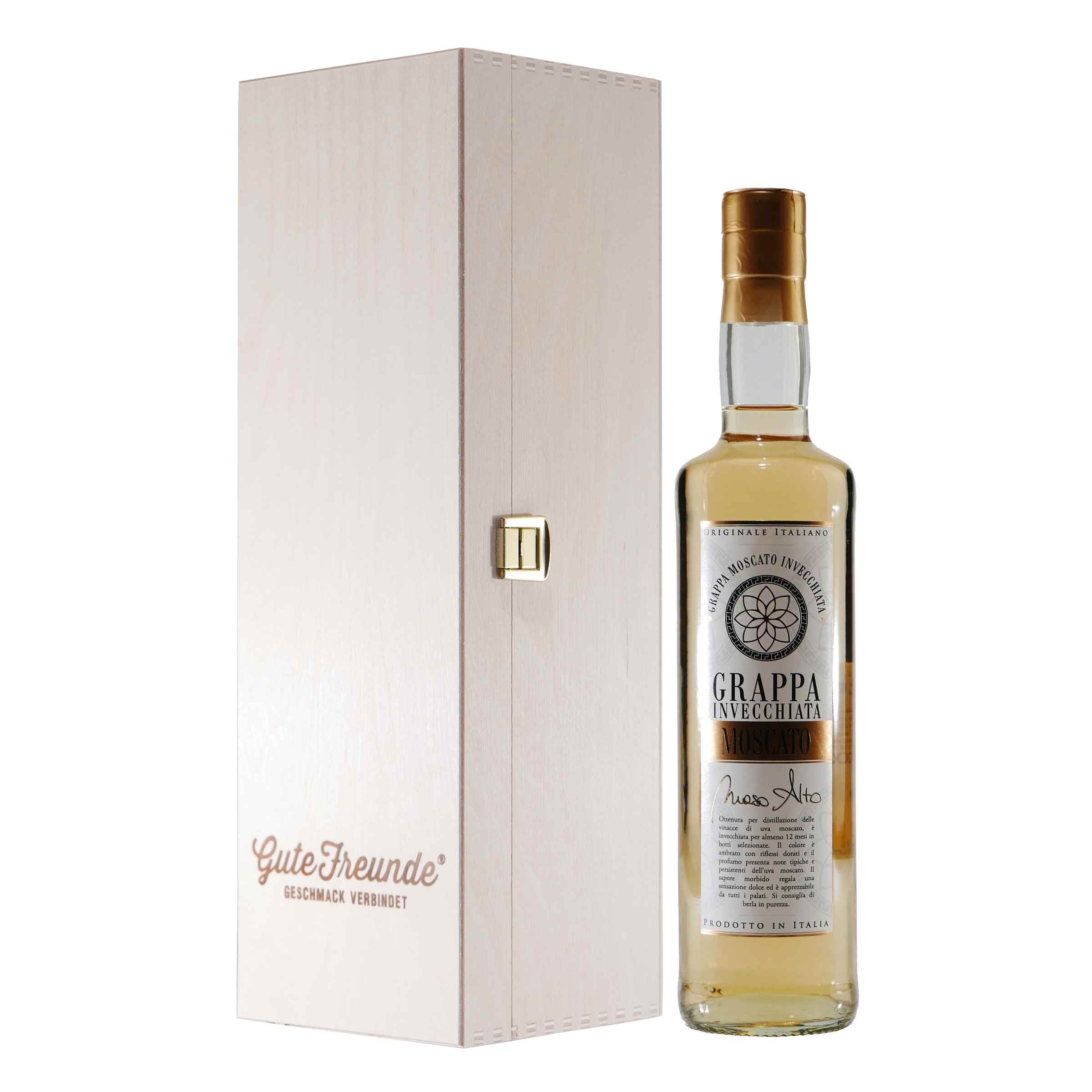Maso Alto Grappa Moscato Invecchiata mit Geschenk-Holzkiste