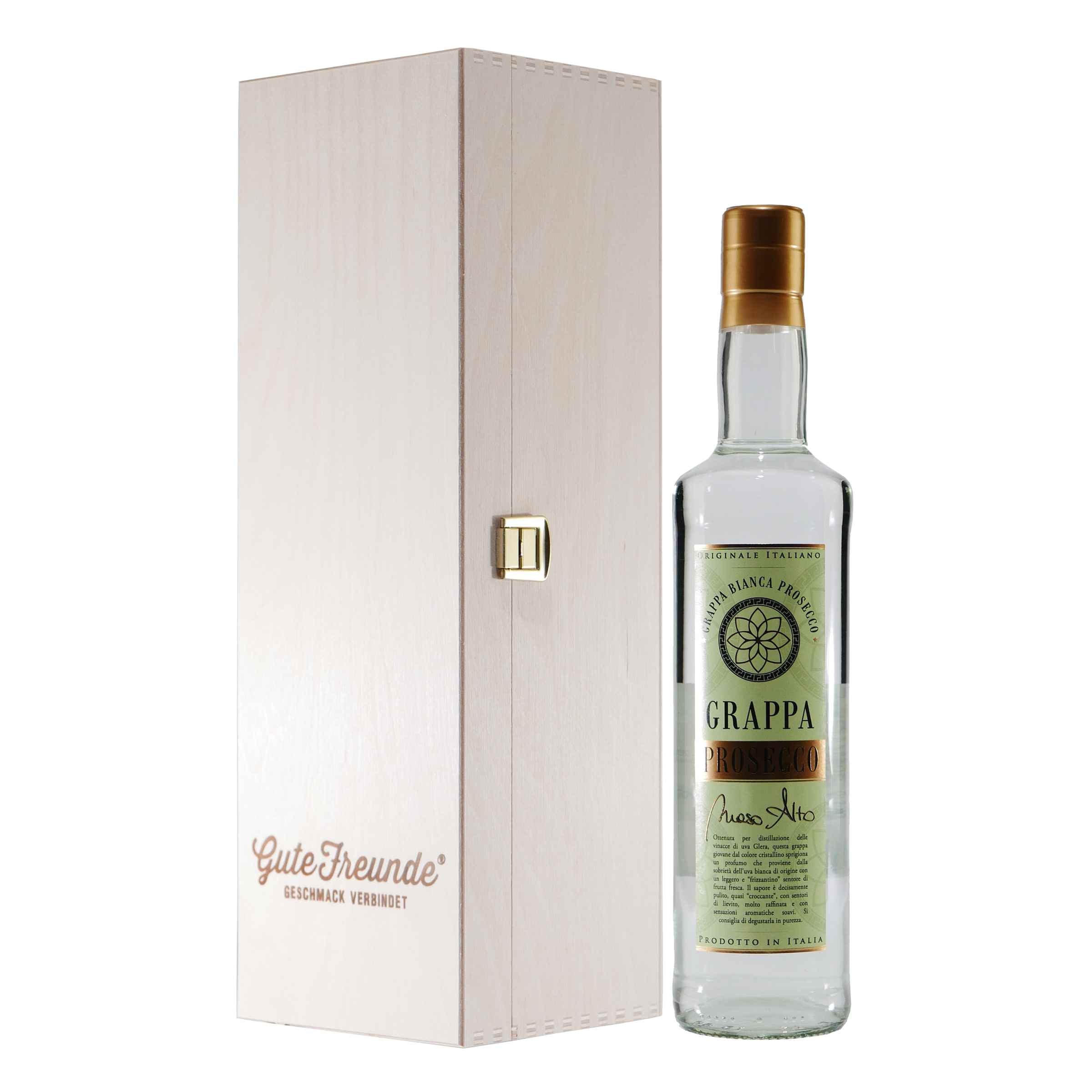 Maso Alto Grappa Prosecco mit Geschenk-Holzkiste