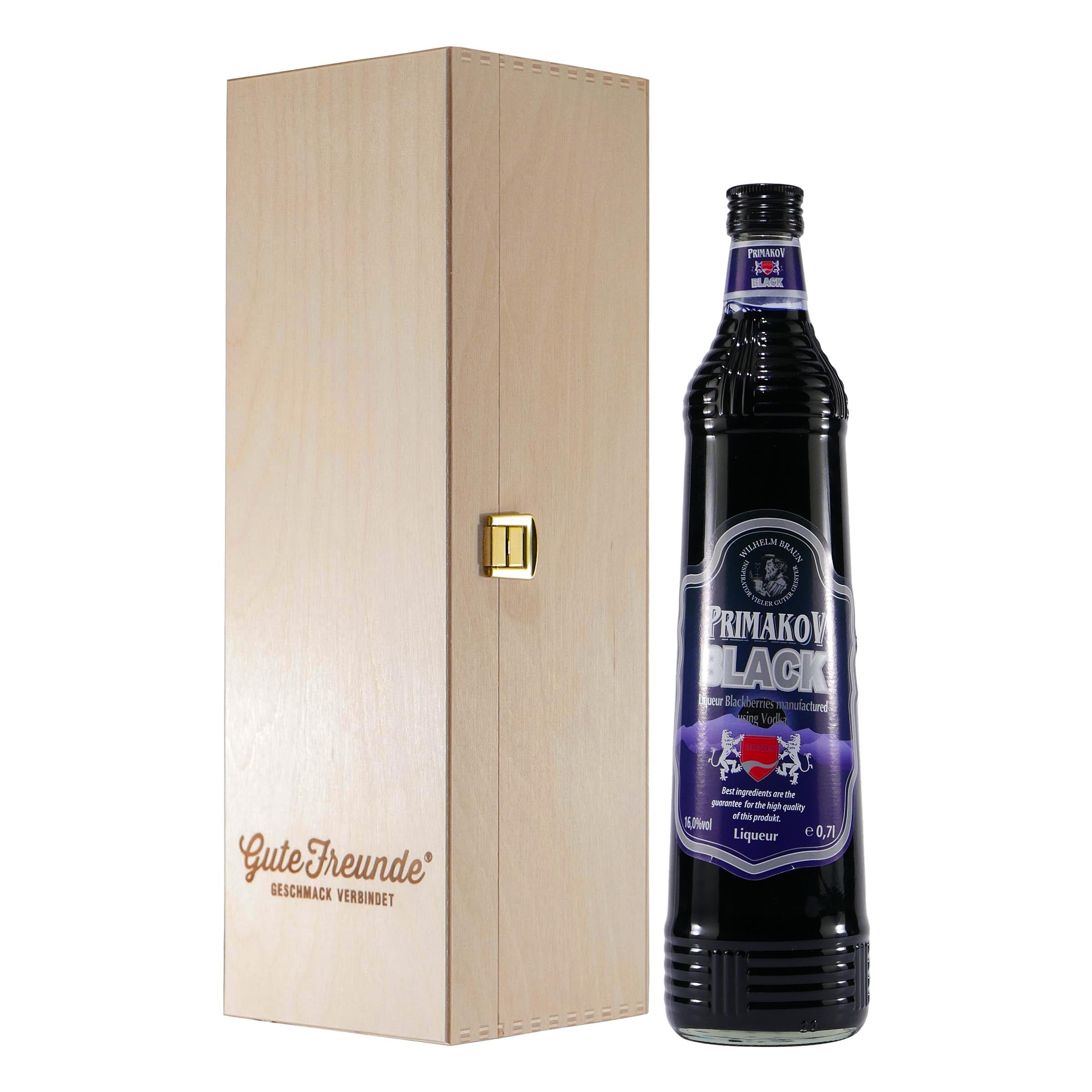 Primakov Black Brombeer-Likör mit Geschenk-Holzkiste