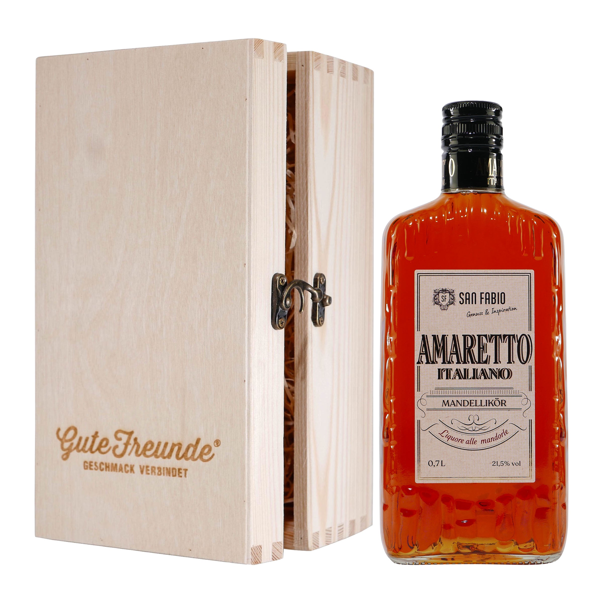 San Fabio Amaretto Italiano Mandellikör mit Geschenk-Holzkiste